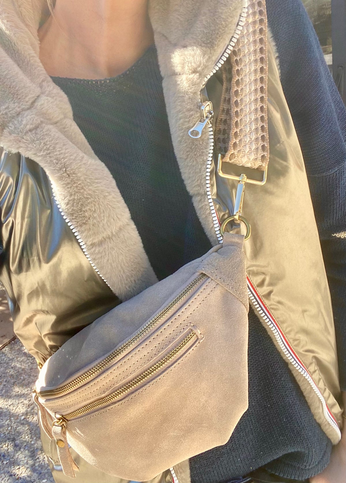 Sac banane double poche en cuir daim - OPALINE - Beige