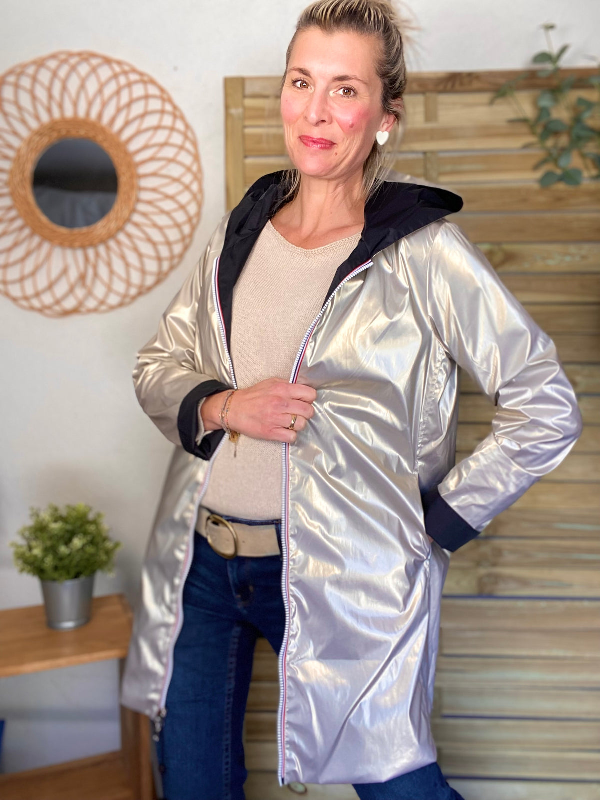 LAURA JO - Imperméable réversible léger GARANCE LONG - Noir/Doré • DESTOCKAGE sur Taille S