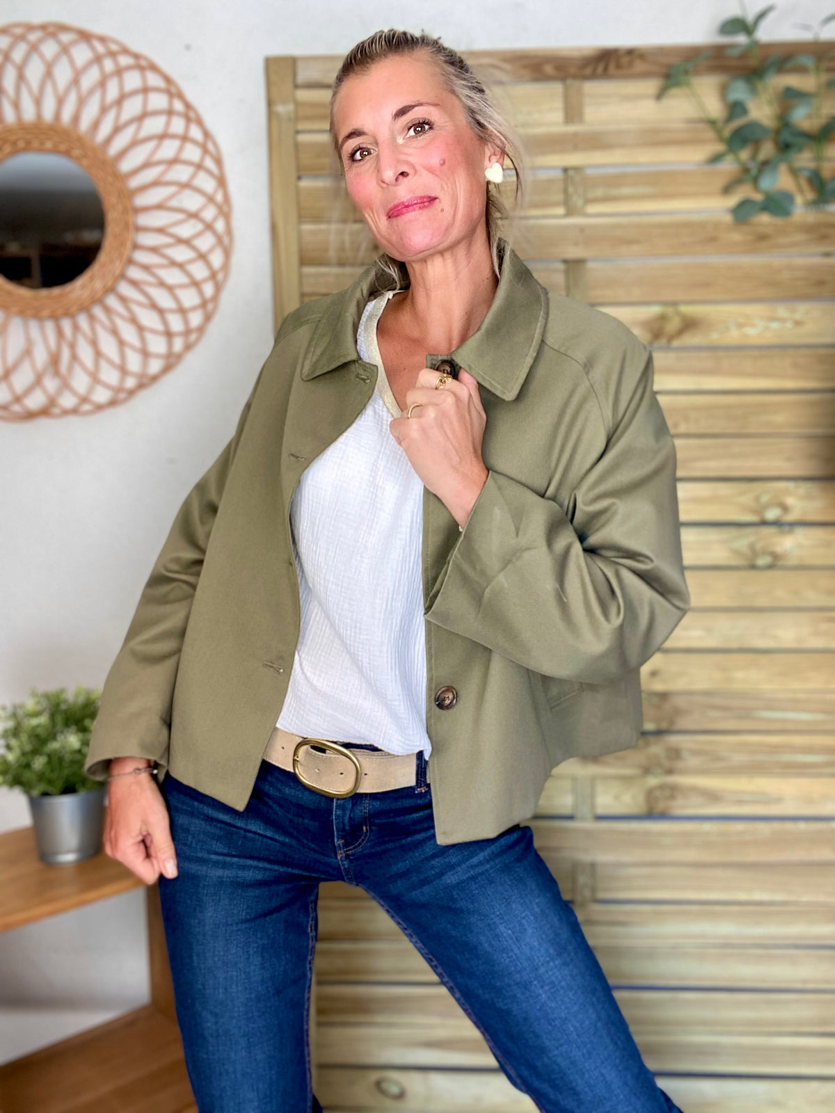 Veste Trench en coton, revers carreaux - YSEULT court Kaki