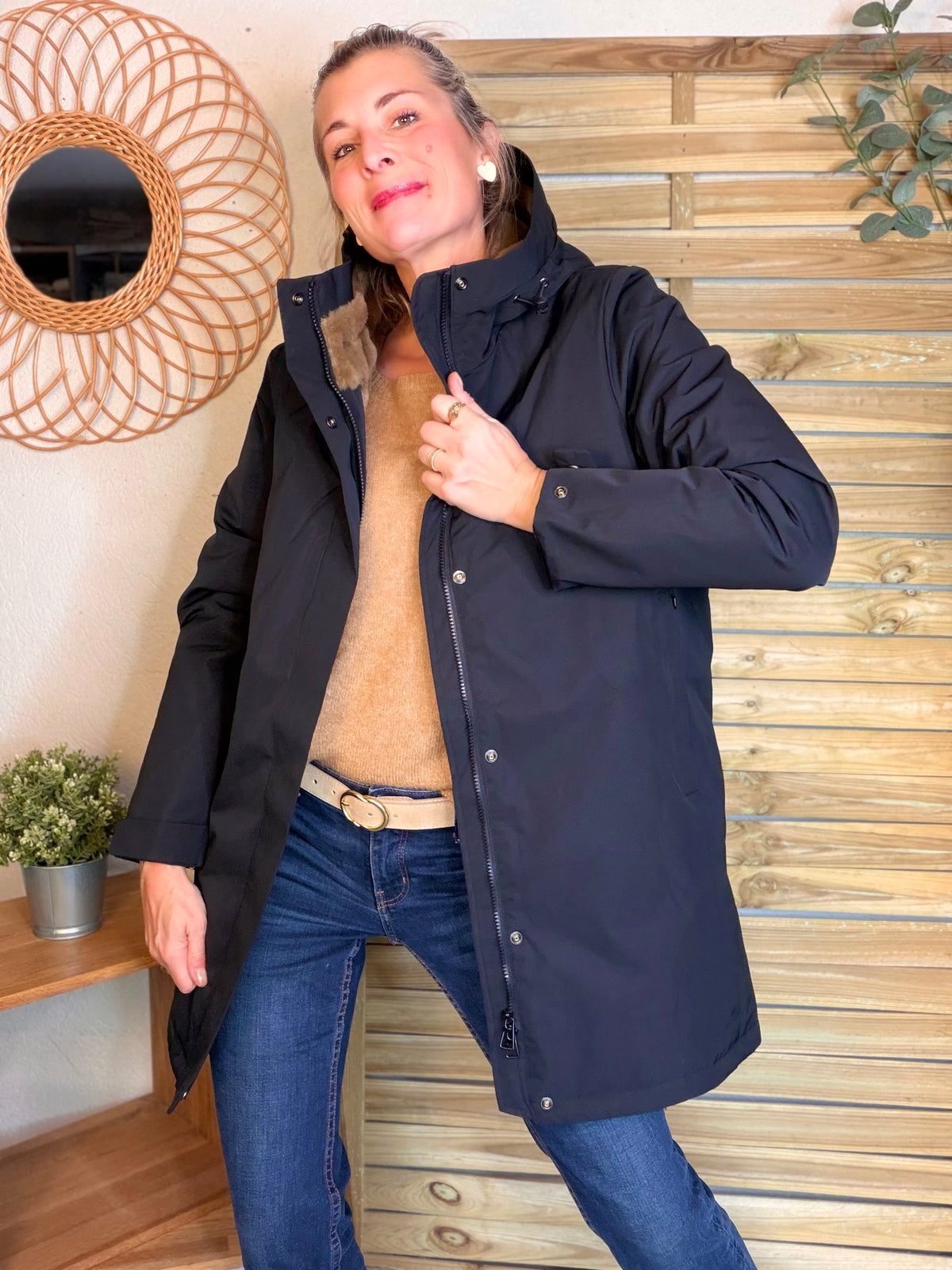 LAURA JO - Parka fourrée imperméable AMBRE LONG - Noir / Camel