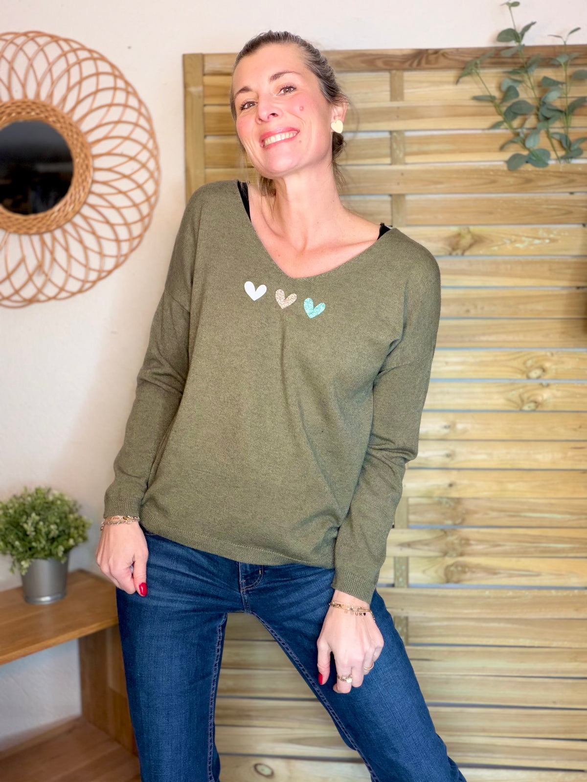 Pull fin 3 cœurs 💛 BERTILLE - Kaki - FIN DE SÉRIE