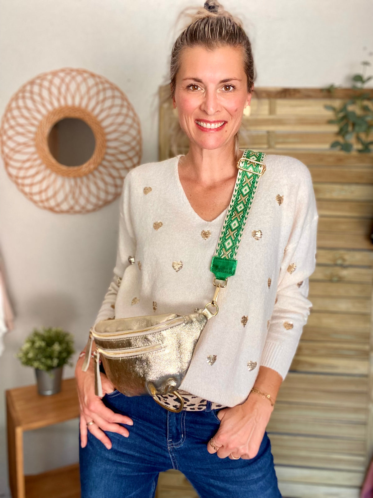 Sac banane en cuir irisé double poche - ERYN fronces - Doré