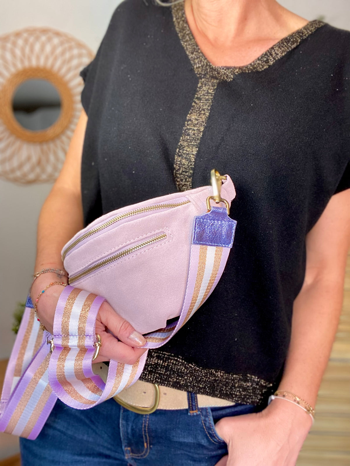 Sac banane double poche en cuir daim - OPALINE - Lilas