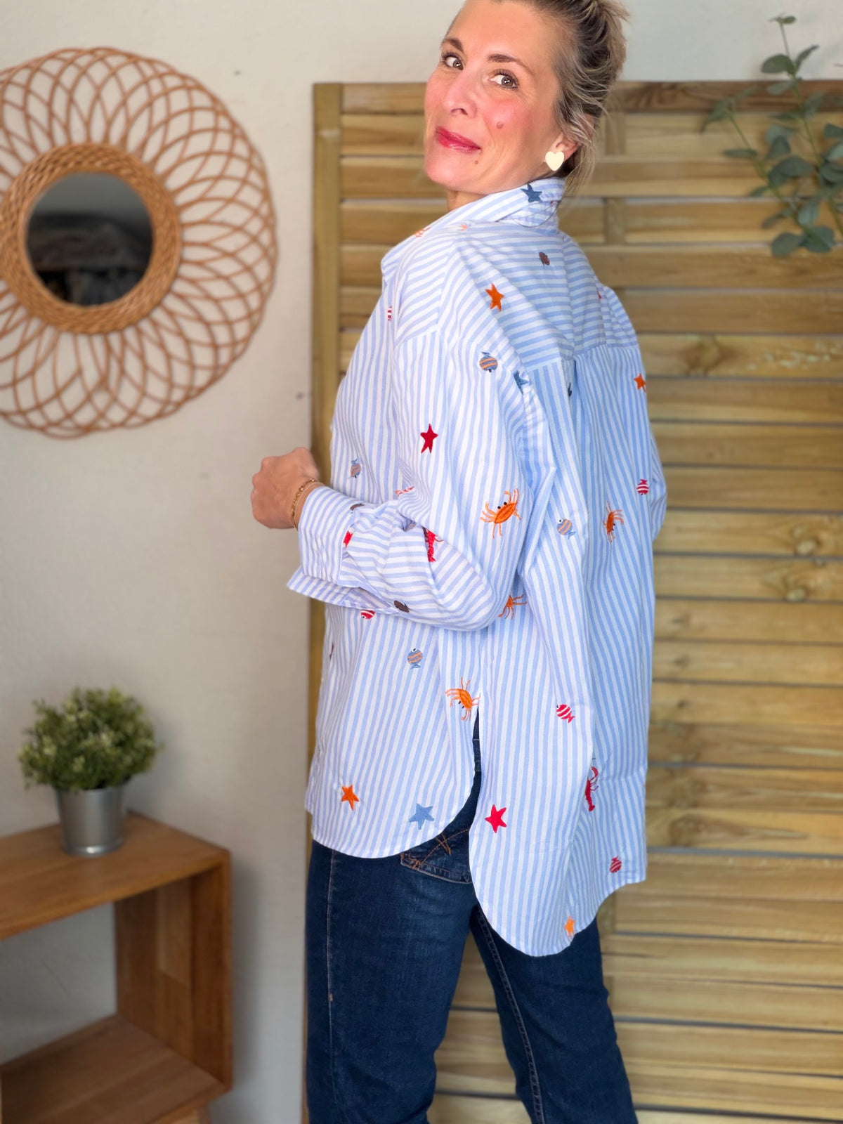 Chemise bleue à rayures coquillages et crustacés - ELORY - FIN DE SÉRIE