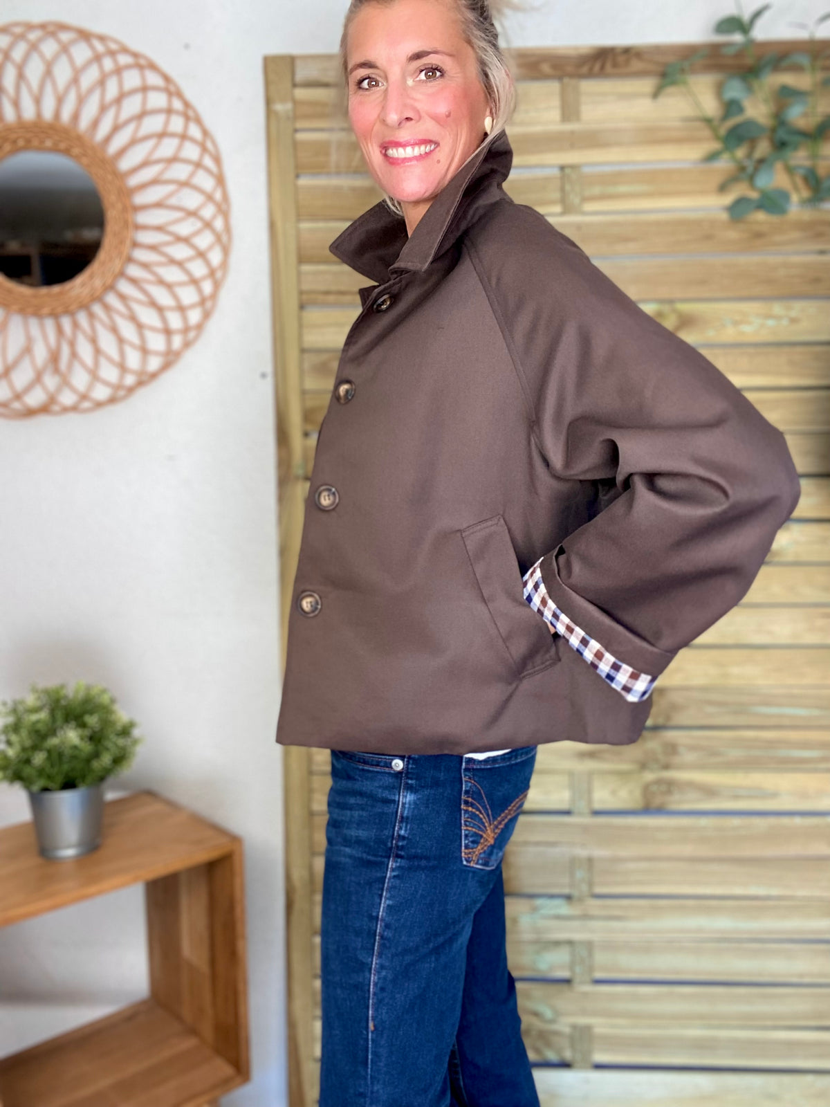 Veste Trench en coton, revers carreaux - YSEULT court Chocolat