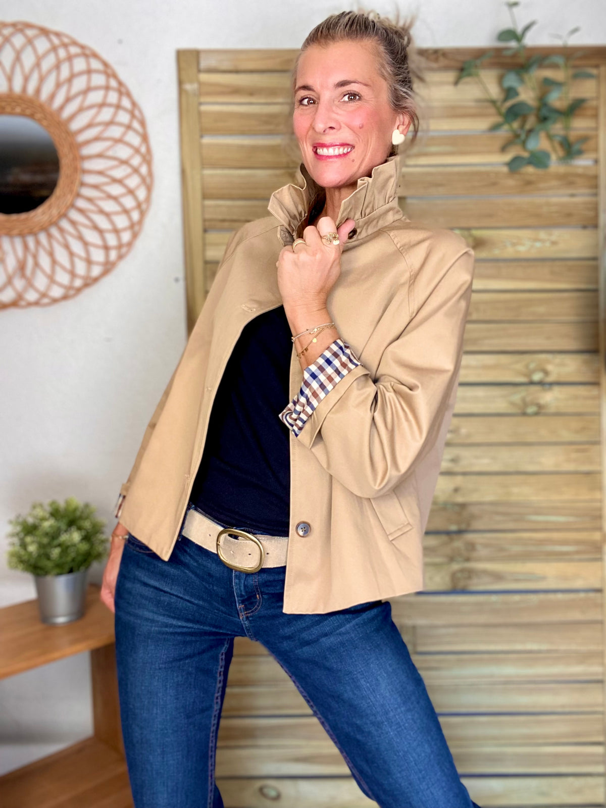 Veste Trench col victorien doublure carreaux - VICTORIA Beige Taupe