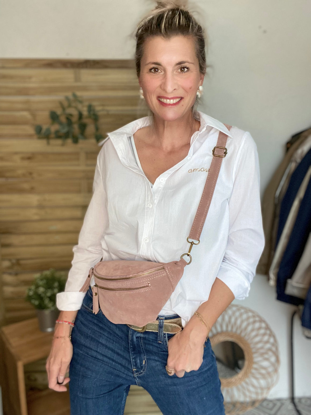 Sac banane double poche en cuir daim - OPALINE - Rose clair / Vieux rose