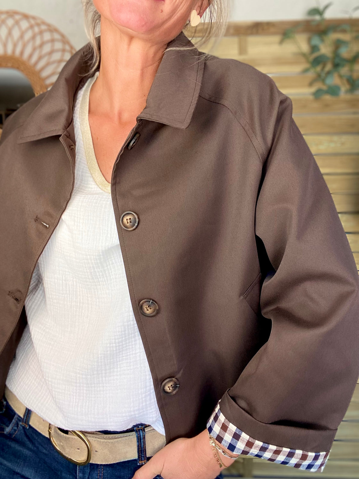 Veste Trench en coton, revers carreaux - YSEULT court Chocolat