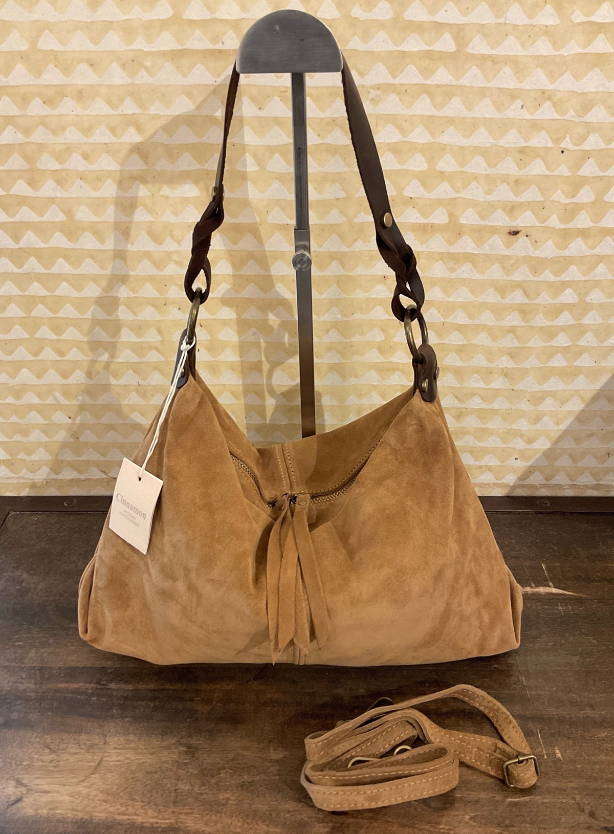 Sac hobo en cuir daim souple, double bandoulière ANDREW Camel clair