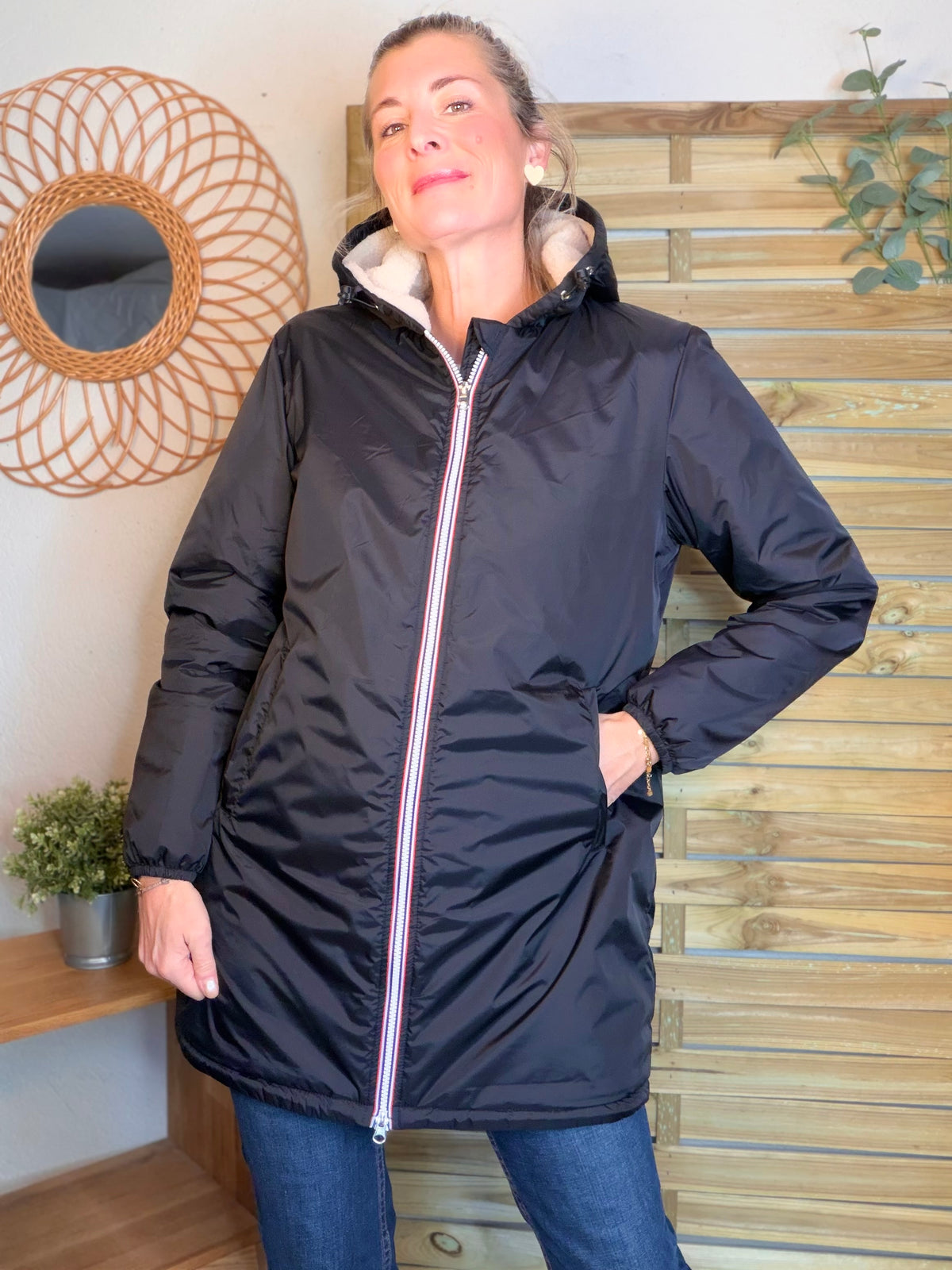 LAURA JO - Parka Imperméable LOUISE LONG Sherpa écru - Noir • DÉSTOCKAGE sur Taille L