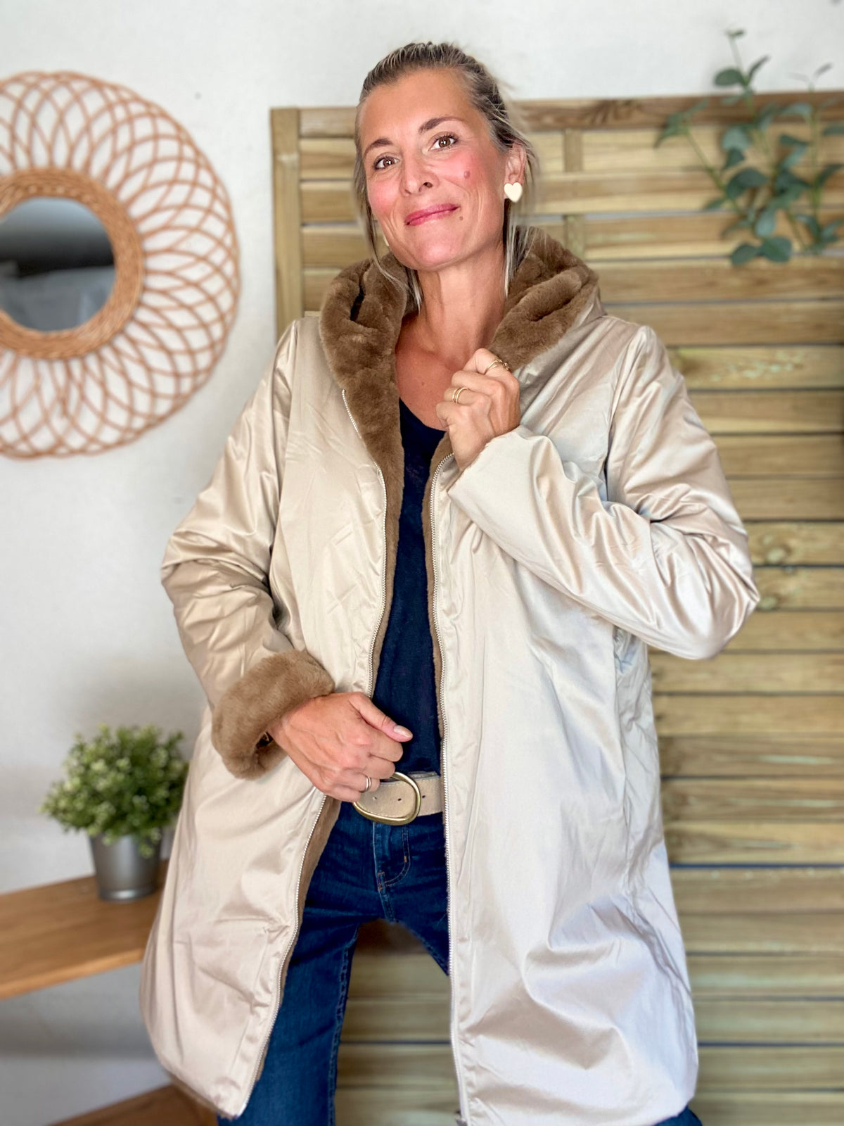 LAURA JO - Parka Imperméable réversible fourrée Sable irisé / Camel ALIX Long