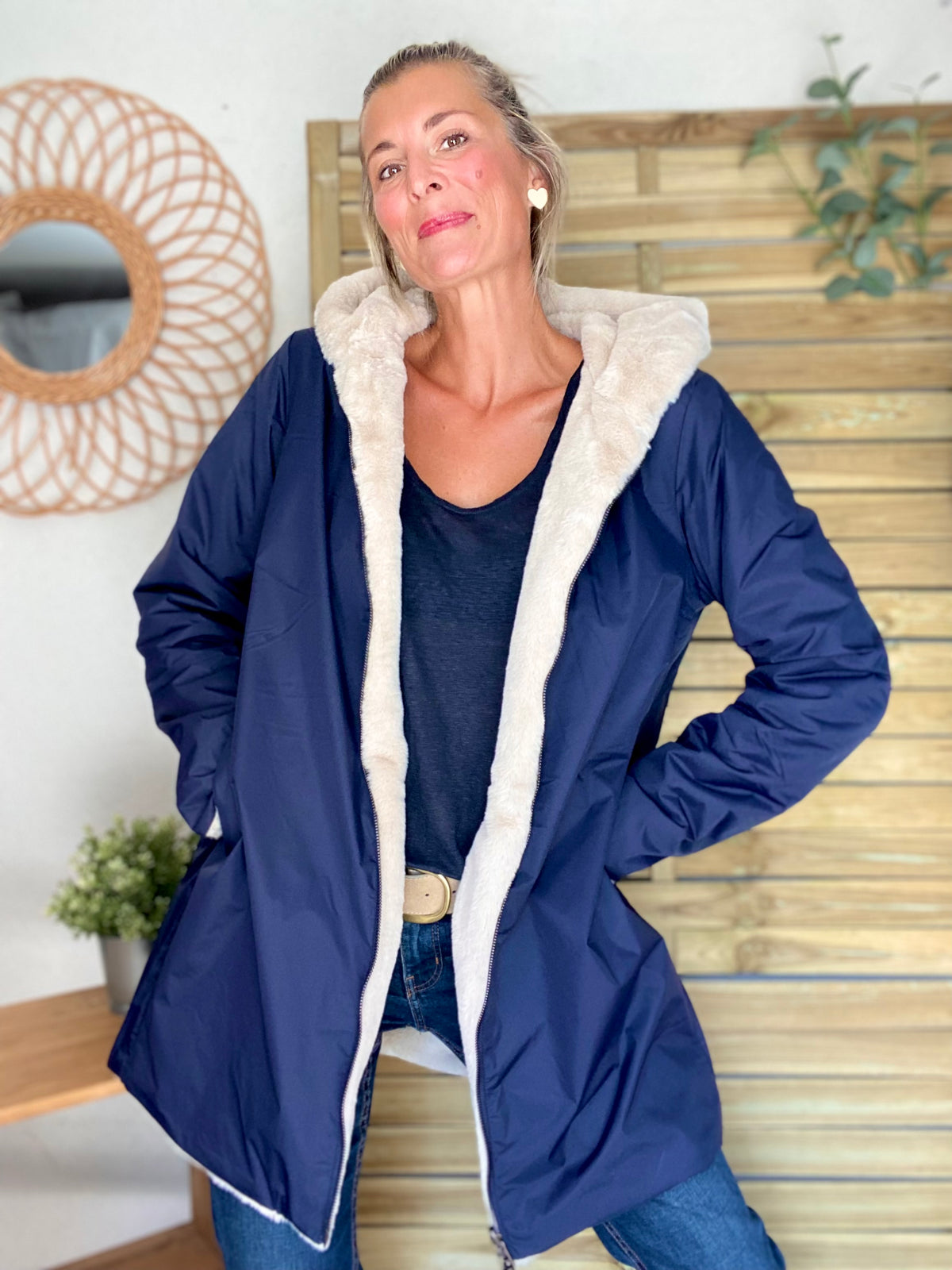 LAURA JO - Parka Imperméable réversible fourrée Bleu marine / Beige ALIX Long
