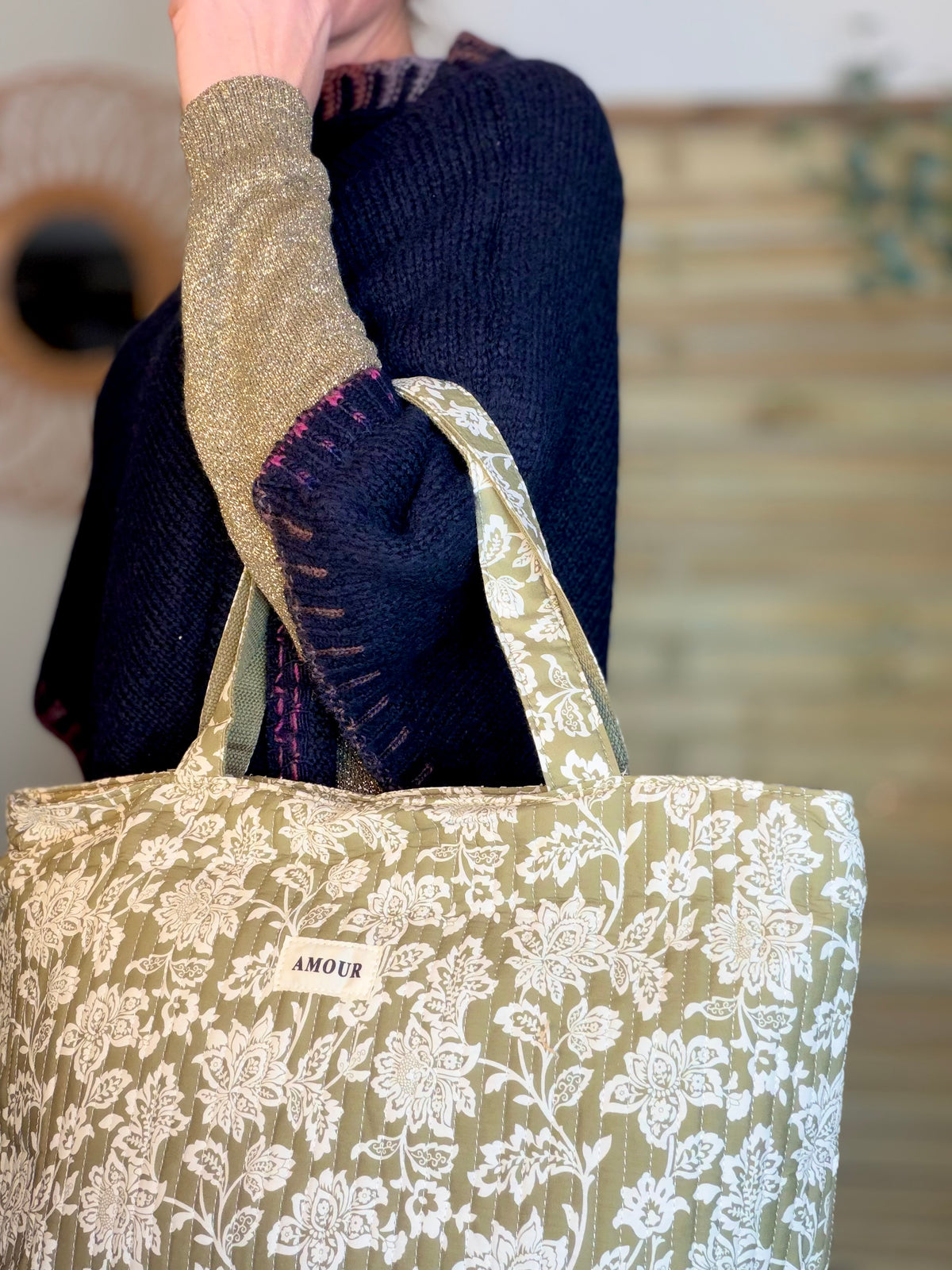 Sac cabas imprimé PIERCE - fleuri Kaki - FIN DE SÉRIE