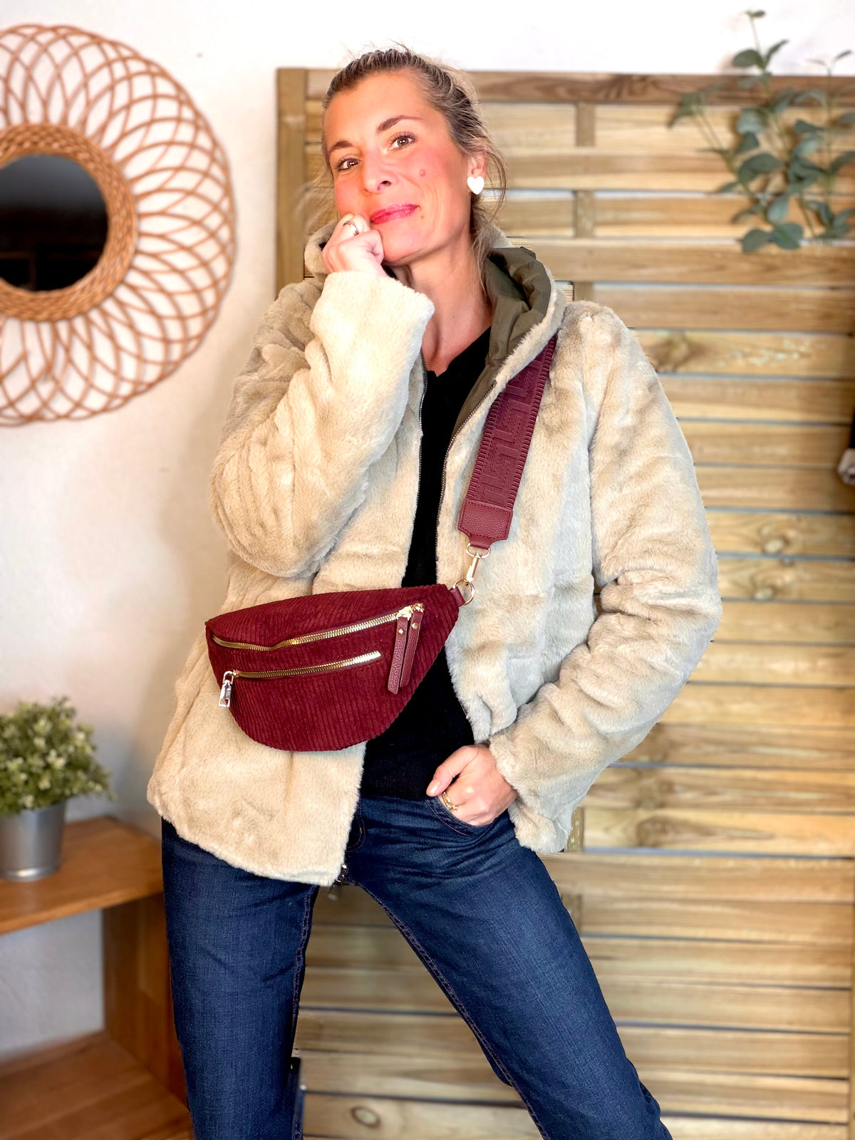 LAURA JO - Parka Imperméable réversible fourrée Kaki / Beige ALIX Court