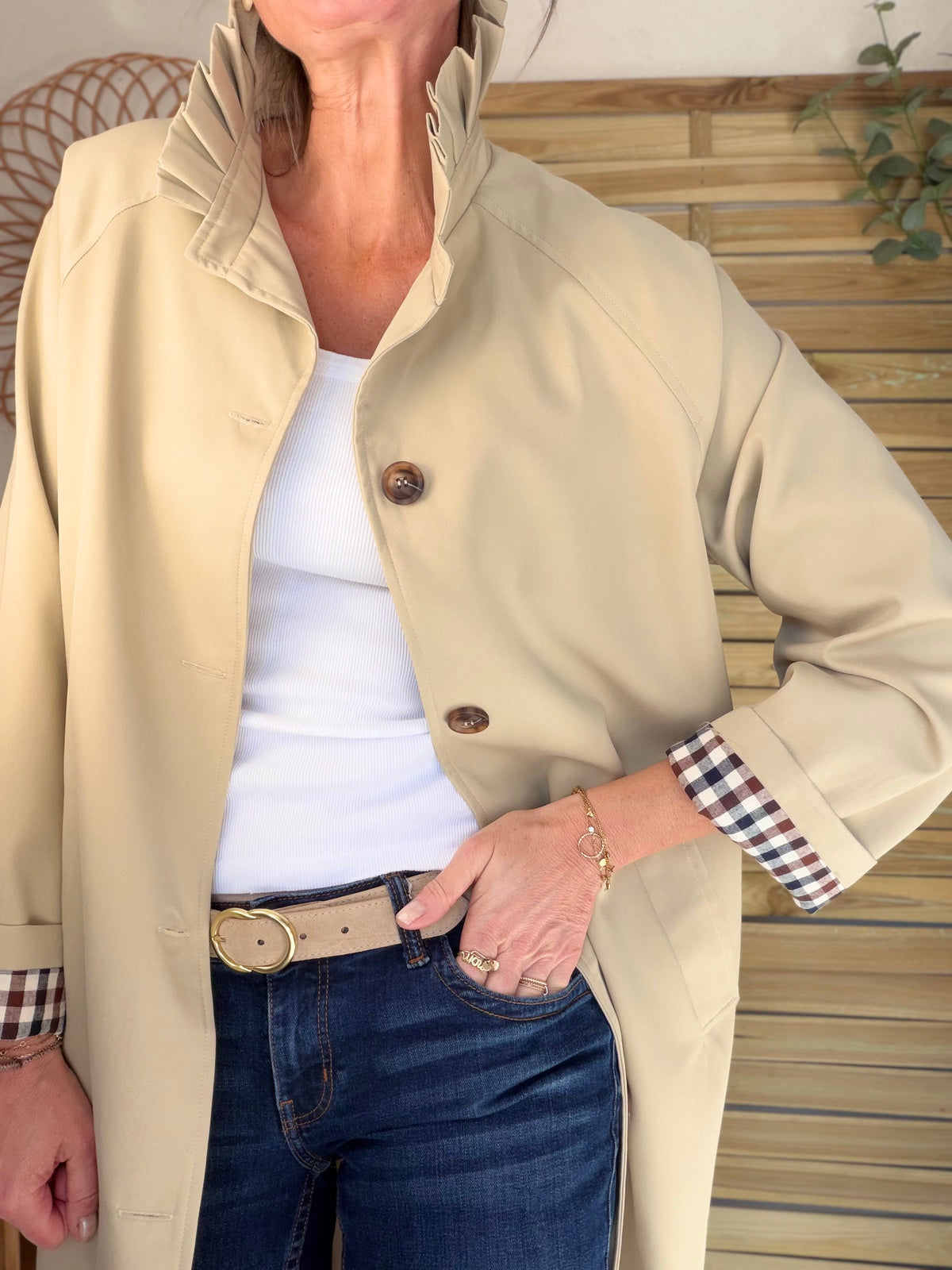 Veste Trench col victorien, revers carreaux - VICKY LONG Beige