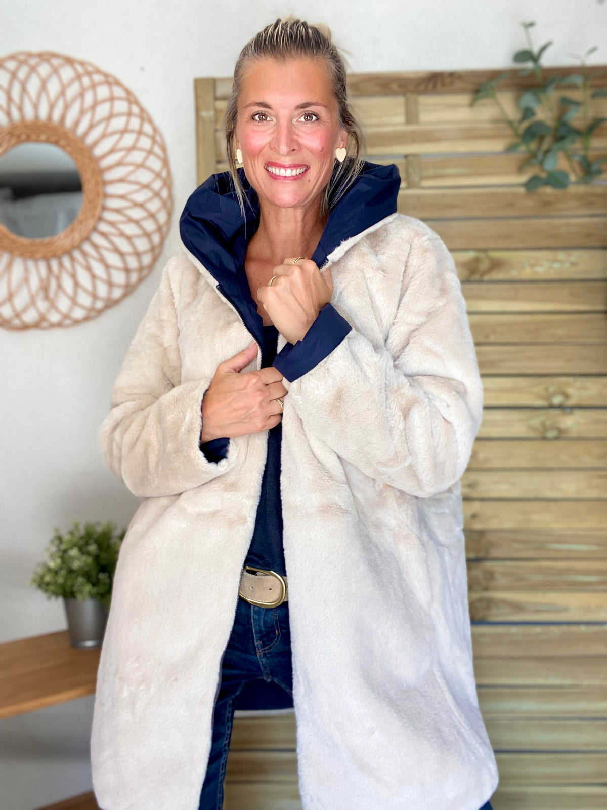 LAURA JO - Parka Imperméable réversible fourrée Bleu marine / Beige ALIX Long