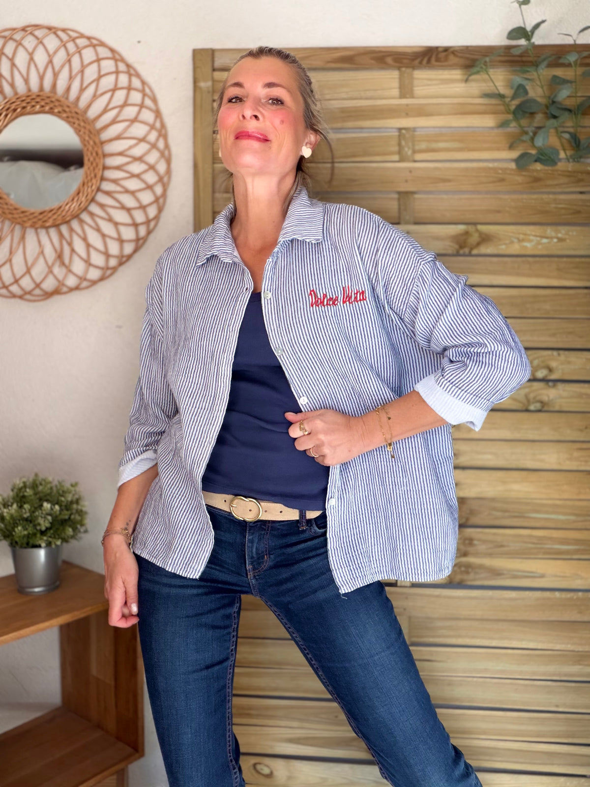 Chemise en gaze de coton brodé Dolce Vita LEÏLA Bleu