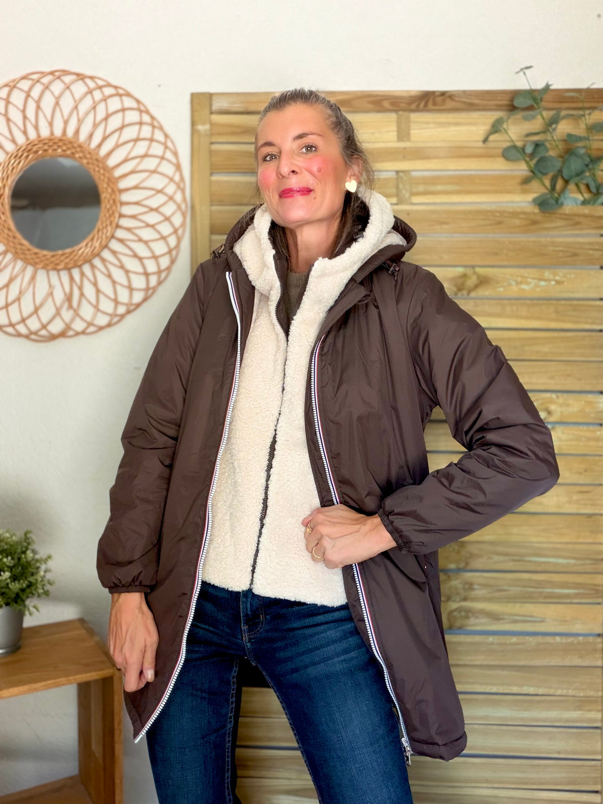 LAURA JO - Col capuche amovible réversible TONY - Choco / Sherpa écru