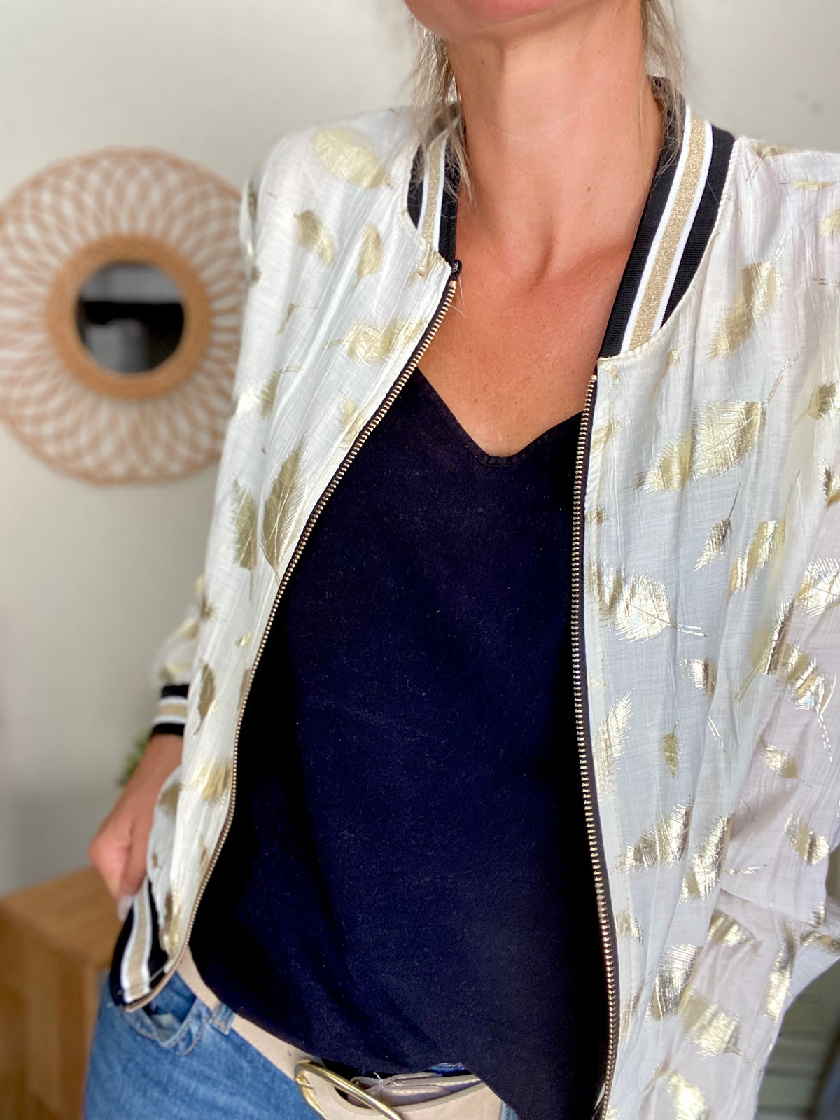 Veste bombers léger EMILY - imprimé Doré Écru (plumes) - FIN DE SÉRIE