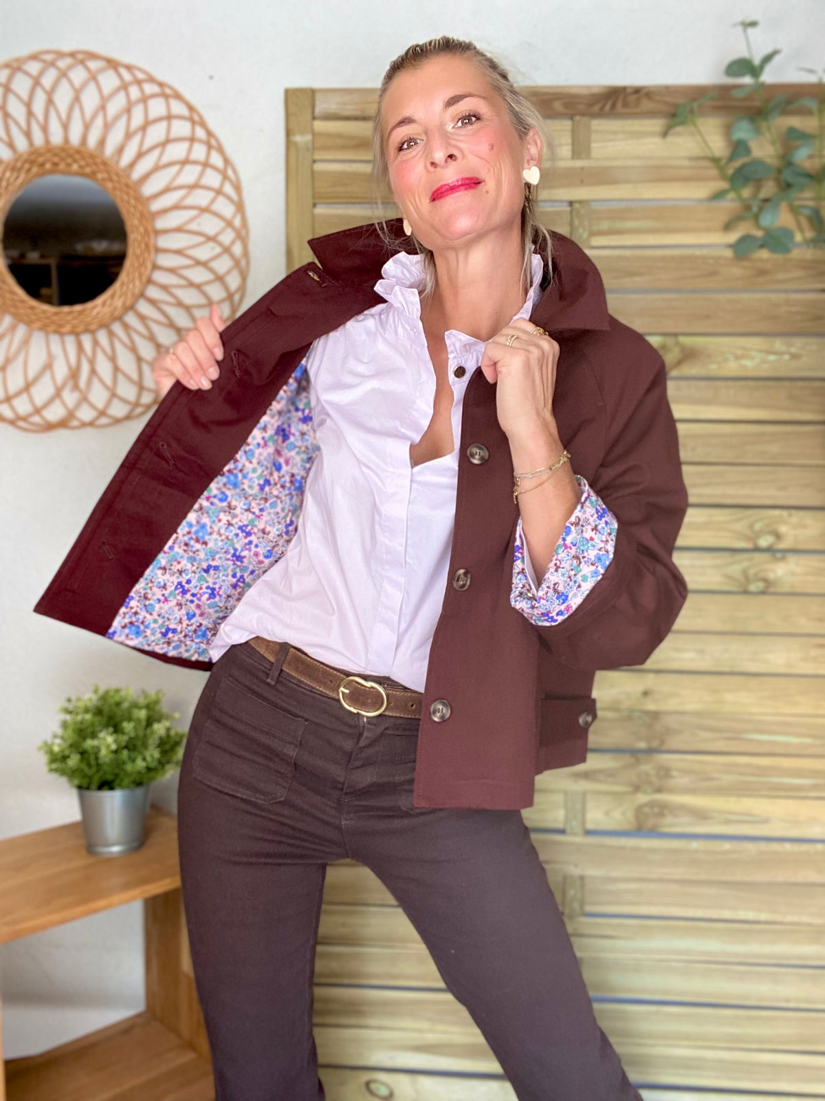 Veste Trench en coton bordeaux foncé avec Liberty - MAHAUT - LILI et LALA - FIN DE SÉRIE