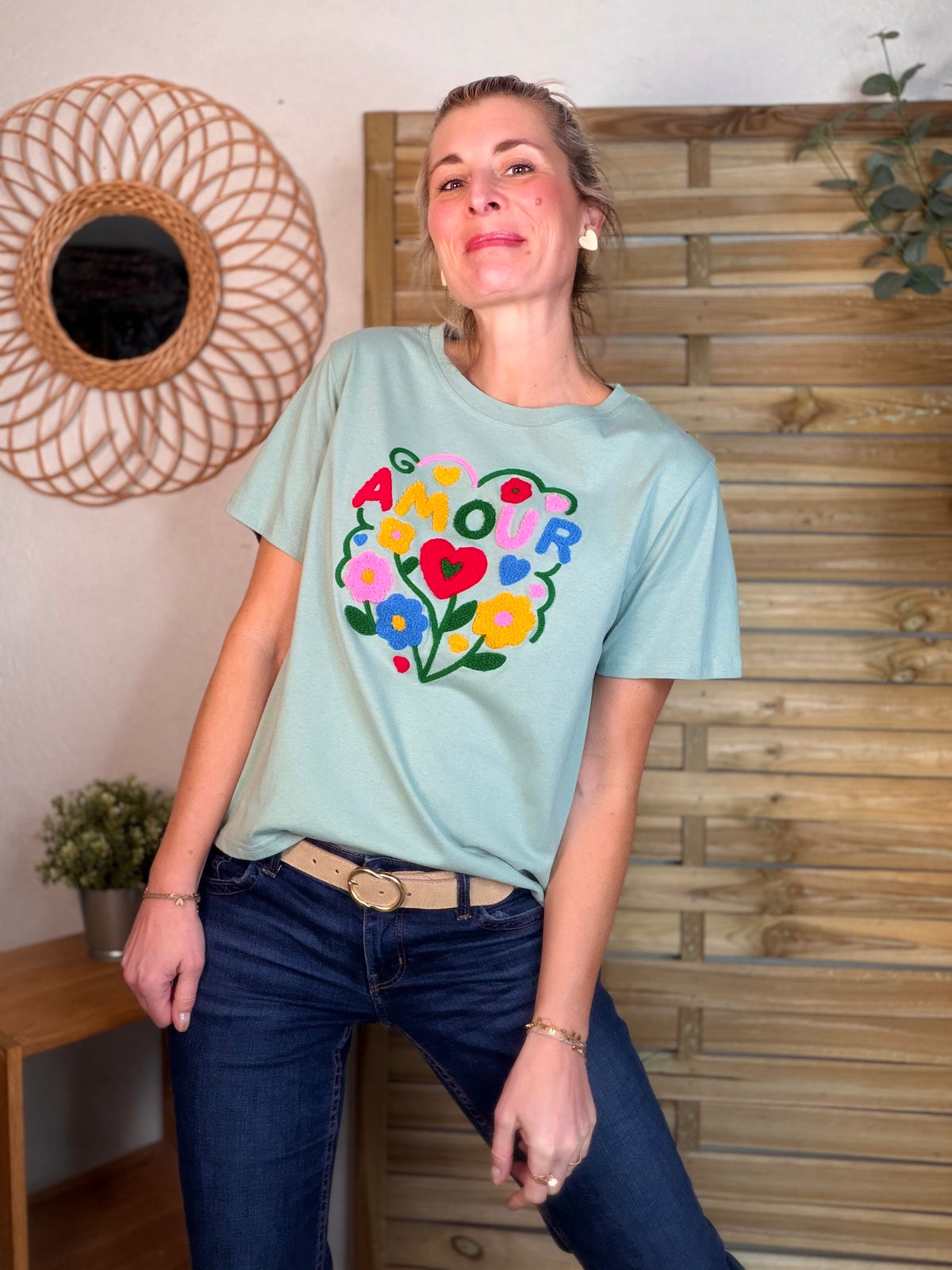 Tee shirt amour fleuri ARYA Vert sauge