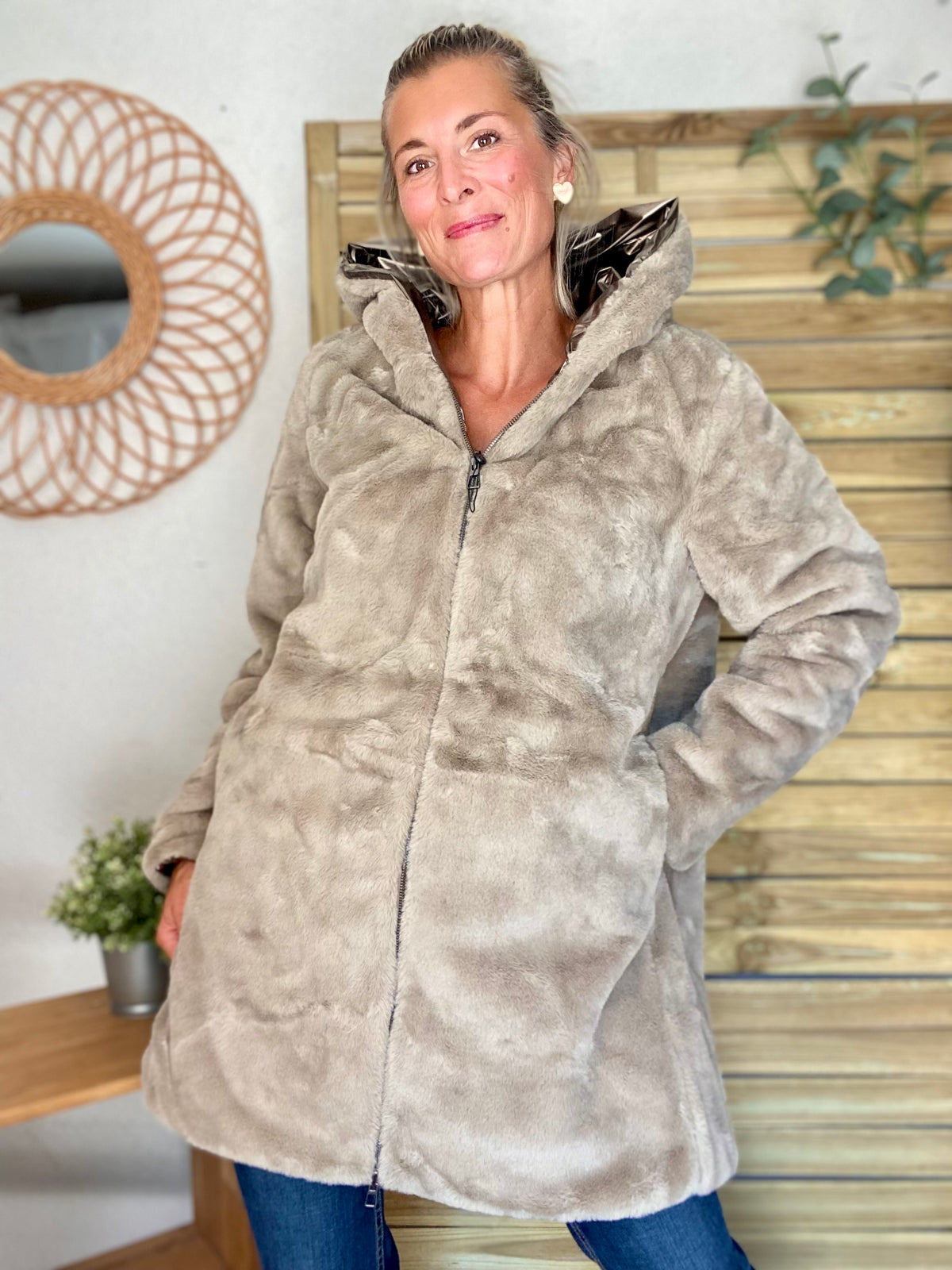 LAURA JO - Parka Imperméable réversible fourrée Bronze / Beige ALIX Long