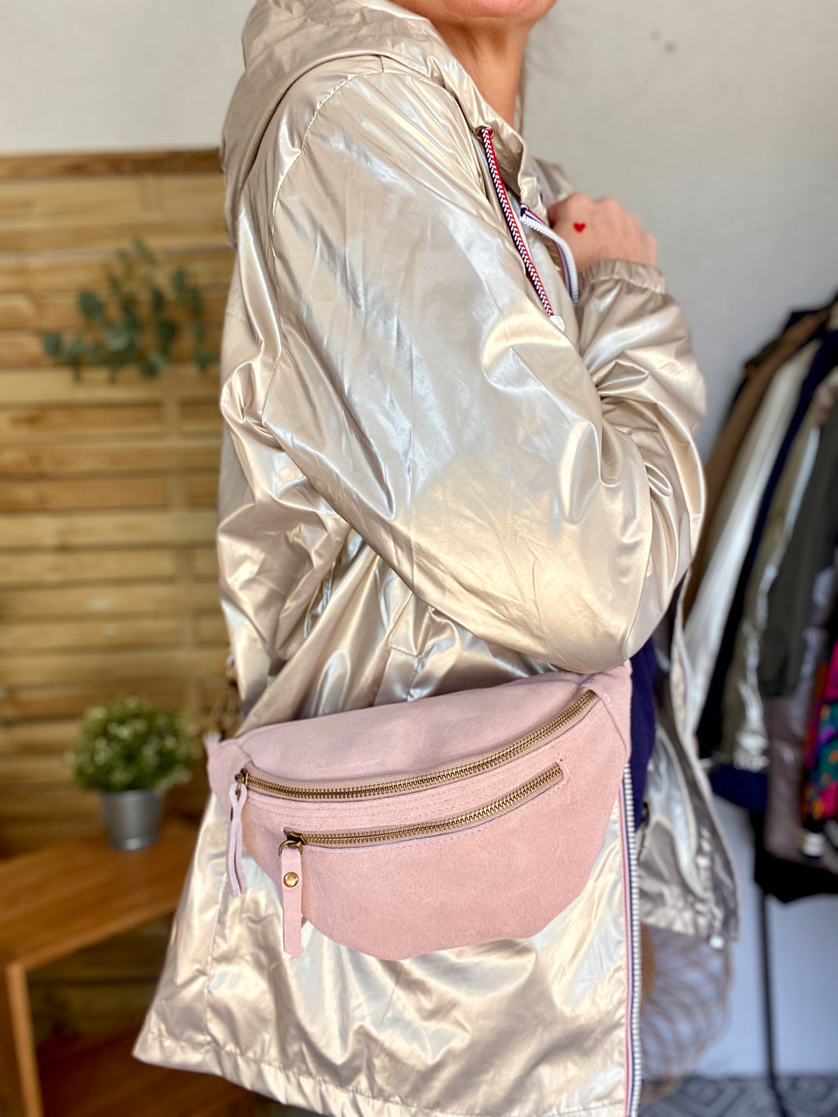 Sac banane double poche en cuir daim - OPALINE - Rose clair / Vieux rose