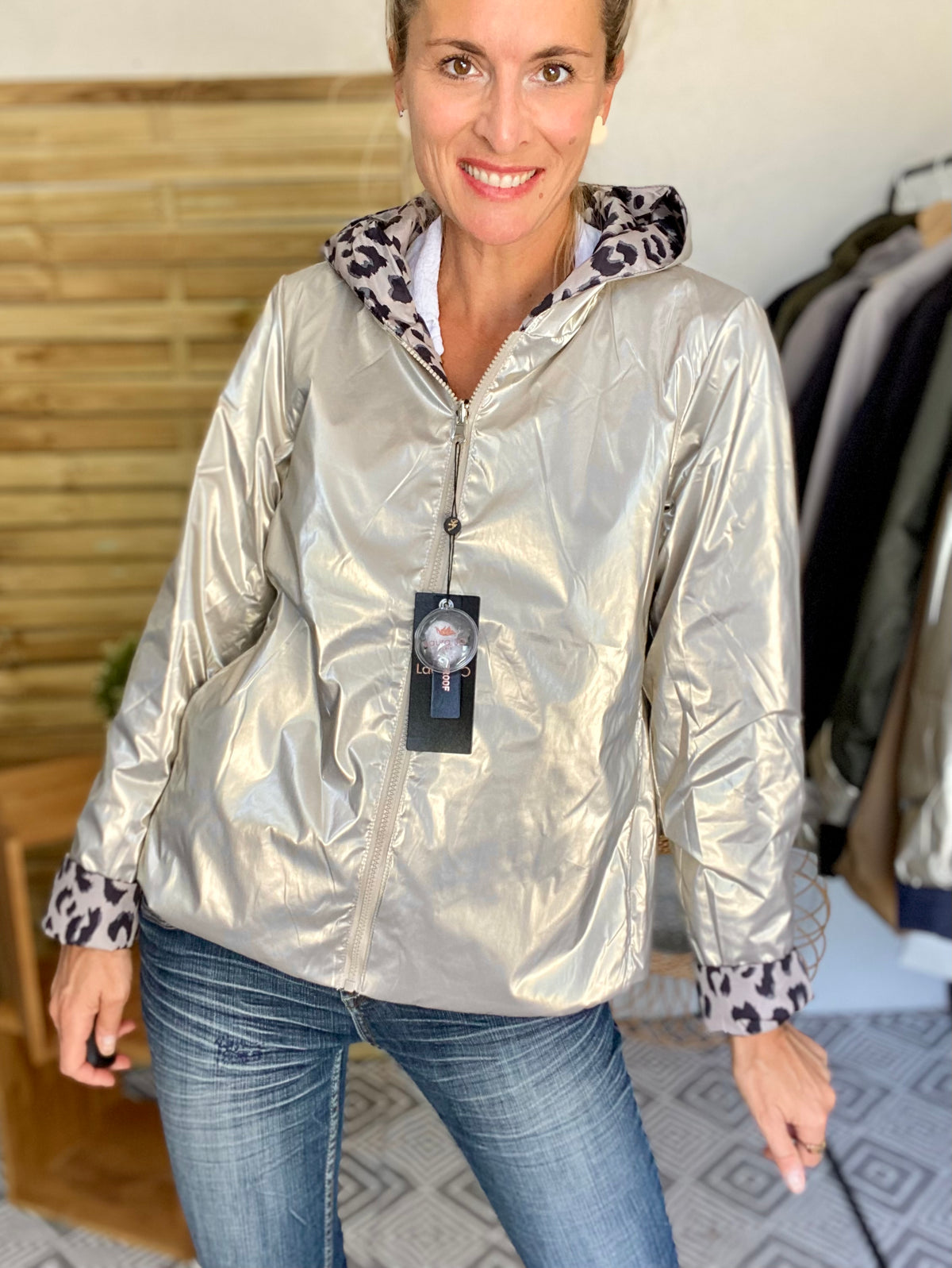 LAURA JO - Imperméable réversible rembourré LOUISON COURT - Doré / léo • DÉSTOCKAGE sur Taille XL