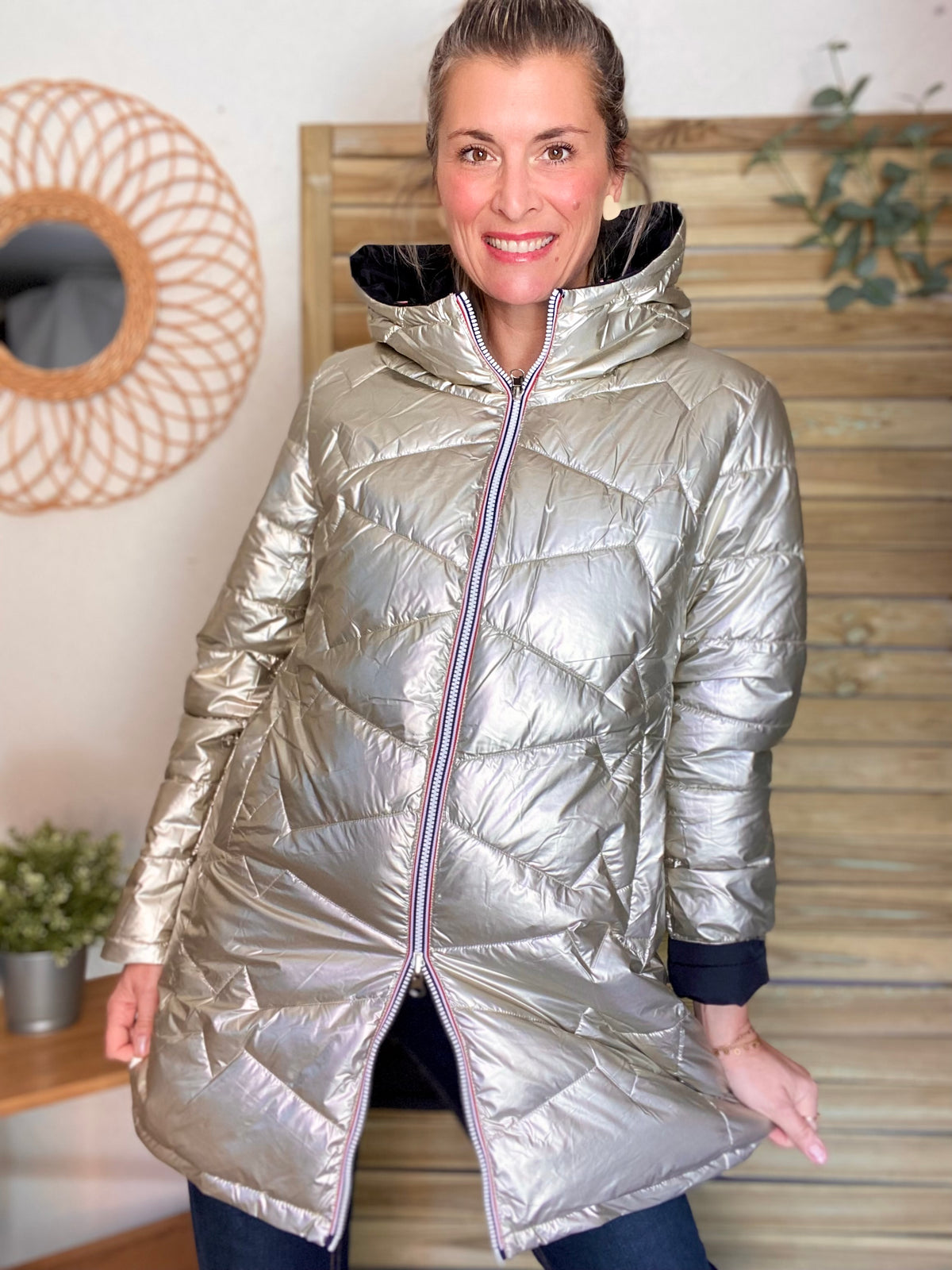 LAURA JO - Doudoune réversible imperméable longue INÈS - Noir / Doré - FIN DE SÉRIE