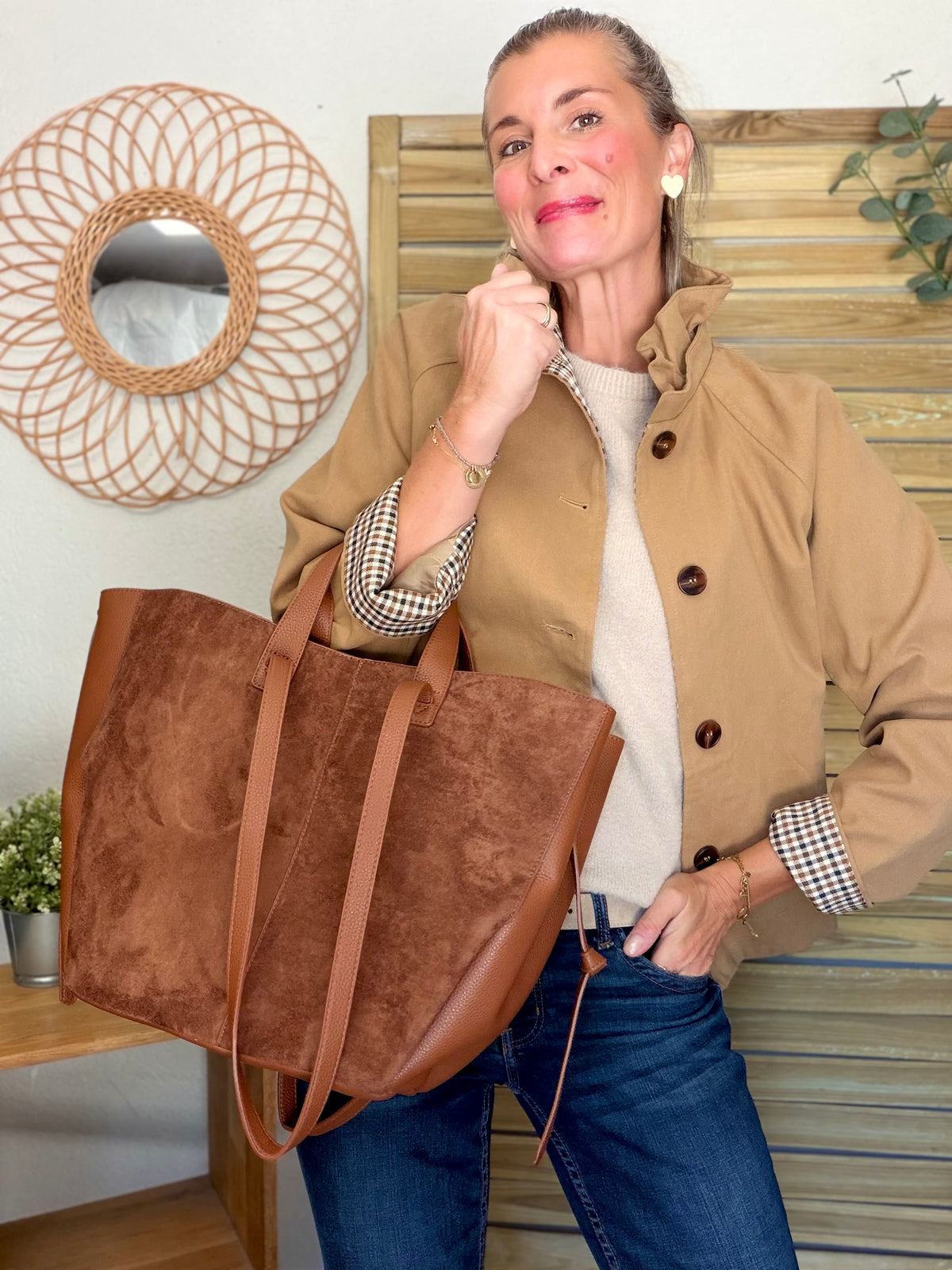 Grand Sac cabas 2 en 1 en simili daim - LAURÈNE Camel