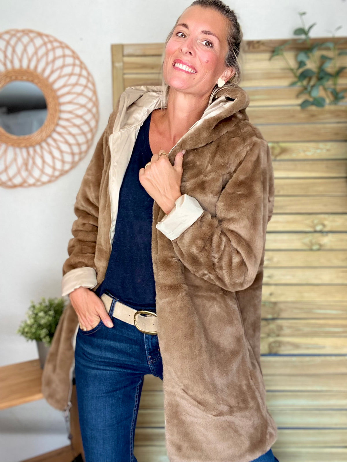 LAURA JO - Parka Imperméable réversible fourrée Sable irisé / Camel ALIX Long
