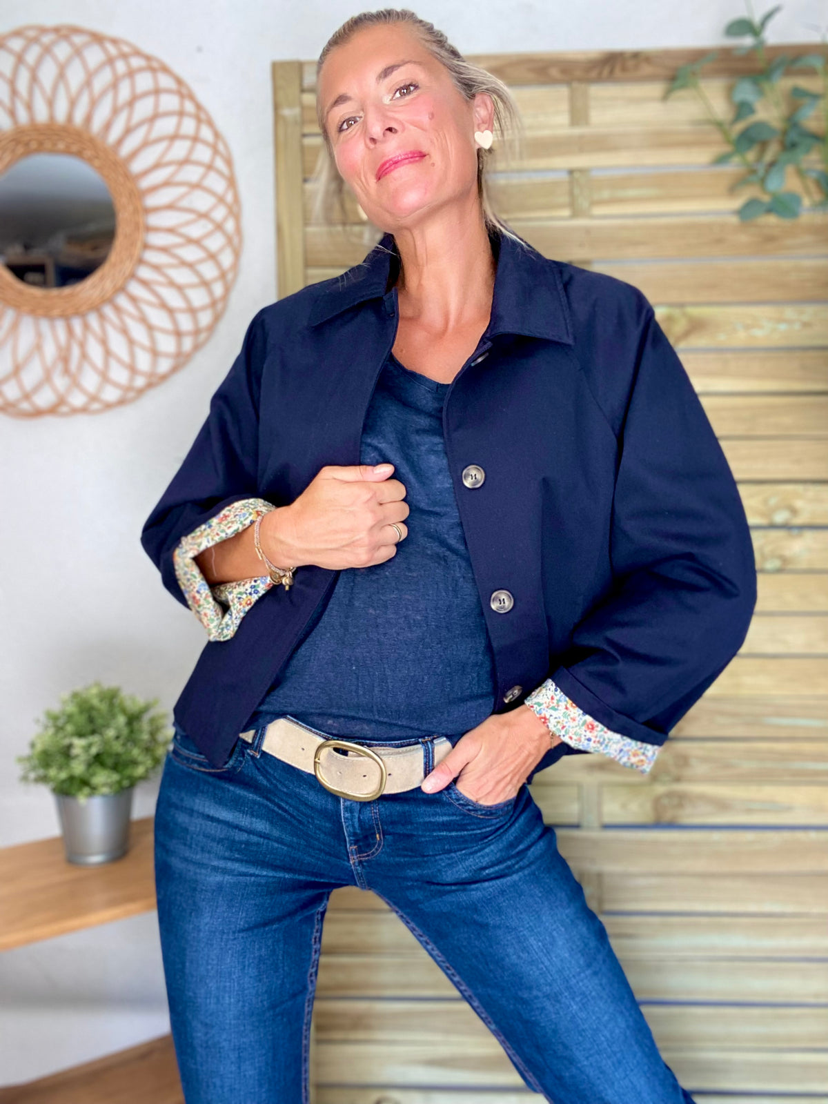 Veste Trench en coton bleu marine avec Liberty - MAHAUT- LILI et LALA
