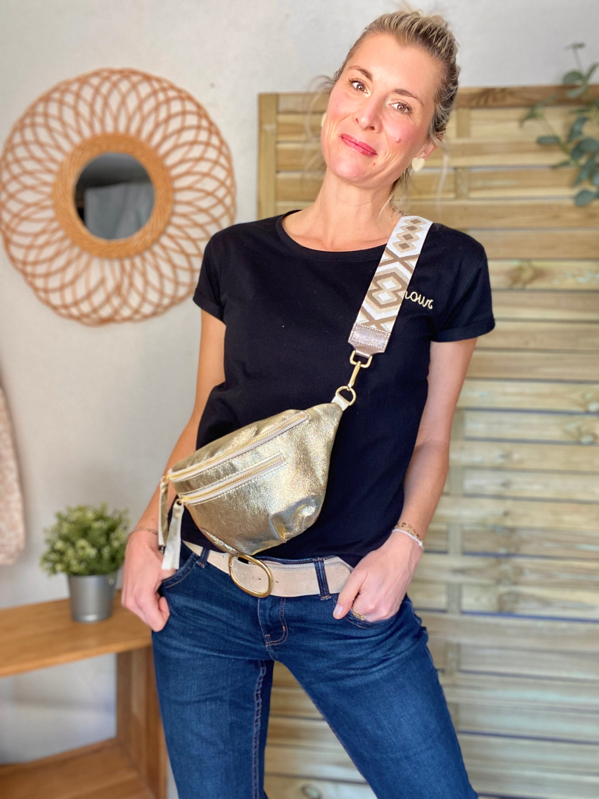 Sangle / Bandoulière en cuir irisé pour sacs / bananes - RACHEL (Losanges horizontaux)