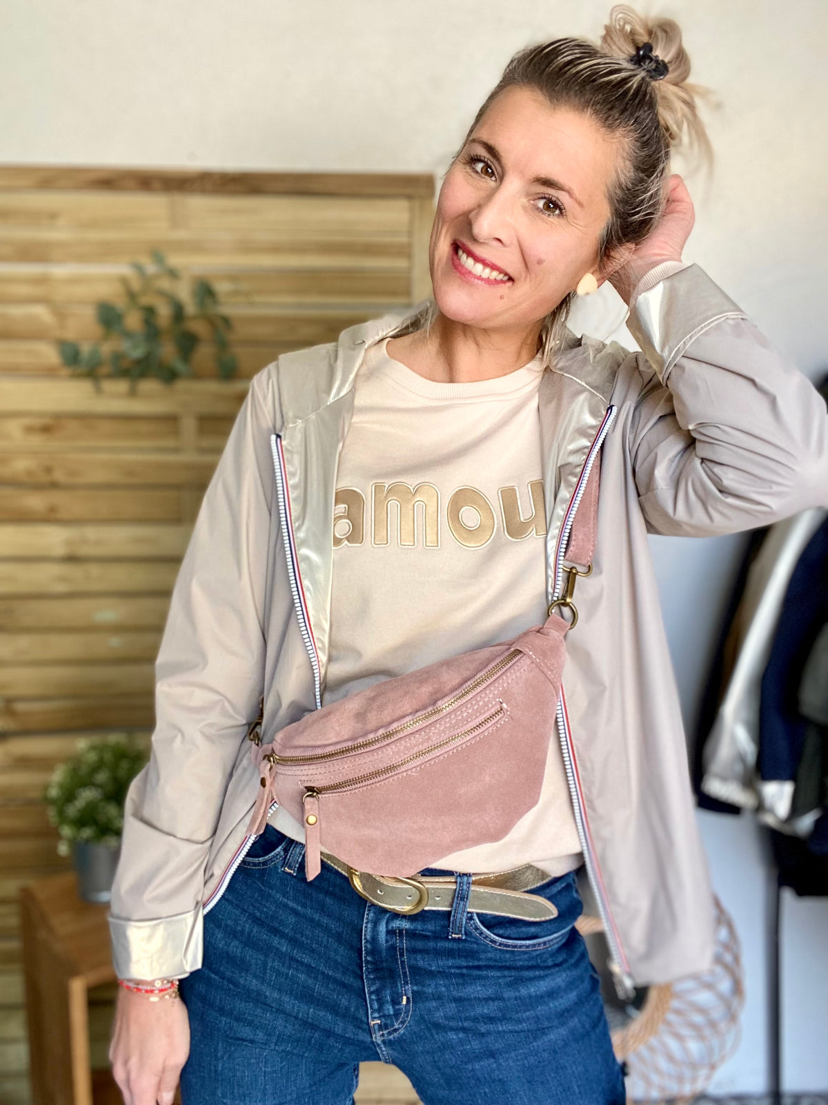 Sac banane double poche en cuir daim - OPALINE - Rose clair / Vieux rose