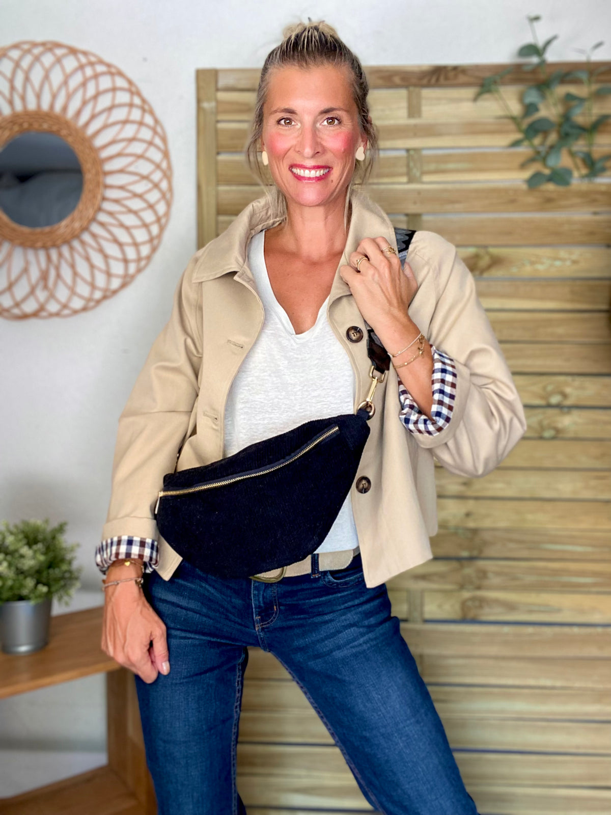 Veste Trench en coton, revers carreaux - YSEULT court Beige