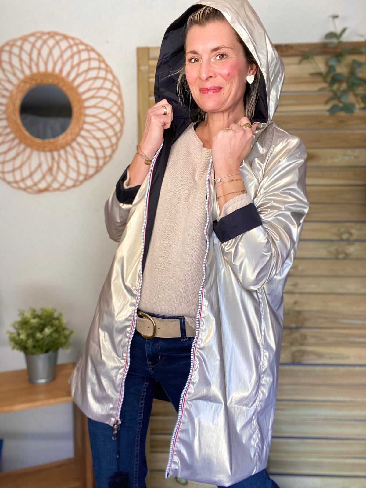 LAURA JO - Imperméable réversible léger GARANCE LONG - Noir/Doré • DESTOCKAGE sur Taille S