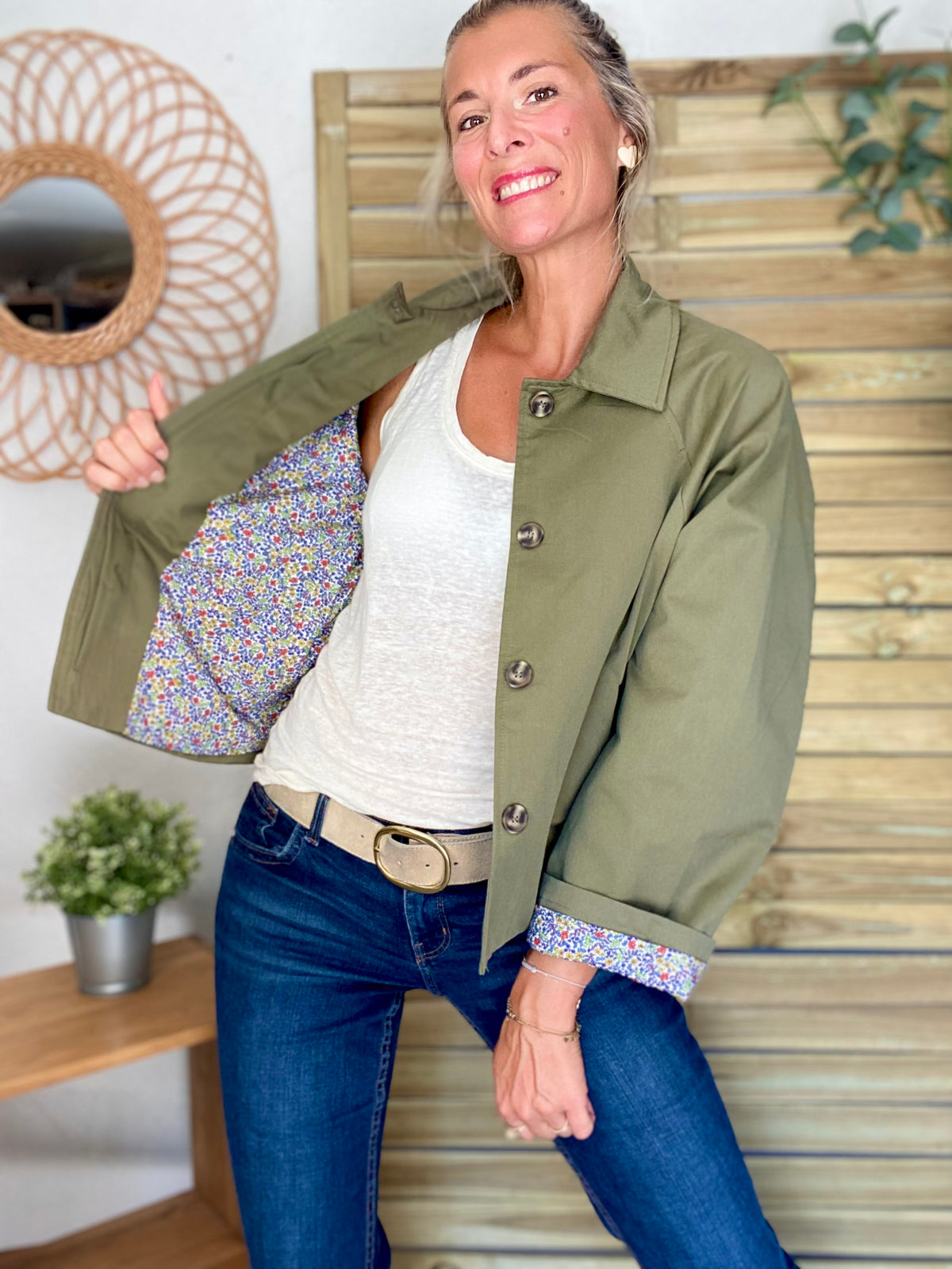 Veste Trench en coton kaki avec Liberty - MAHAUT - LILI et LALA