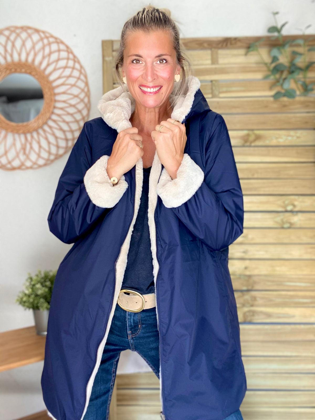 LAURA JO - Parka Imperméable réversible fourrée Bleu marine / Beige ALIX Long
