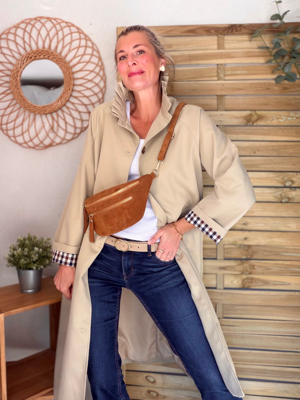 Veste Trench col victorien, revers carreaux - VICKY LONG Beige