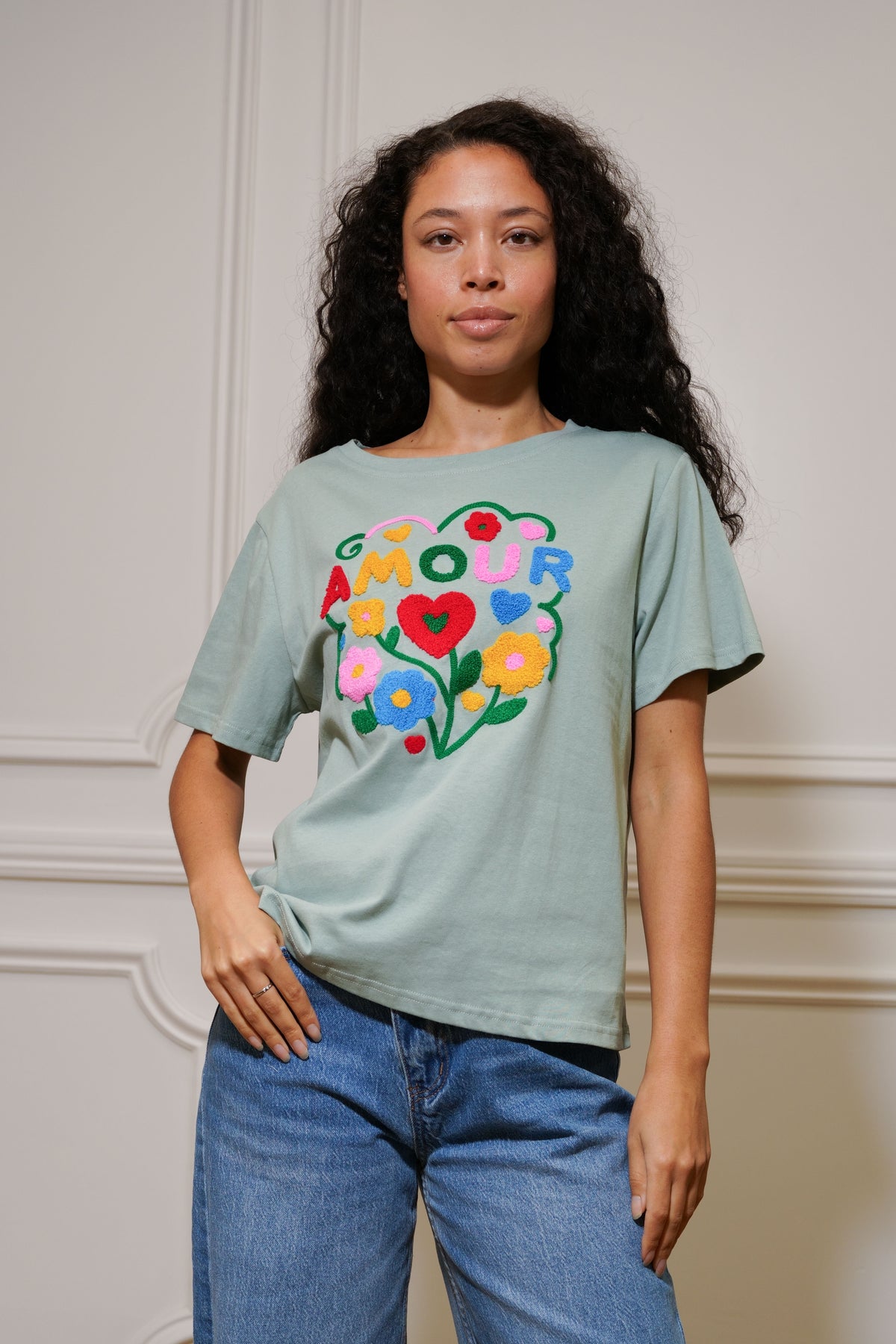 Tee shirt amour fleuri ARYA Vert sauge
