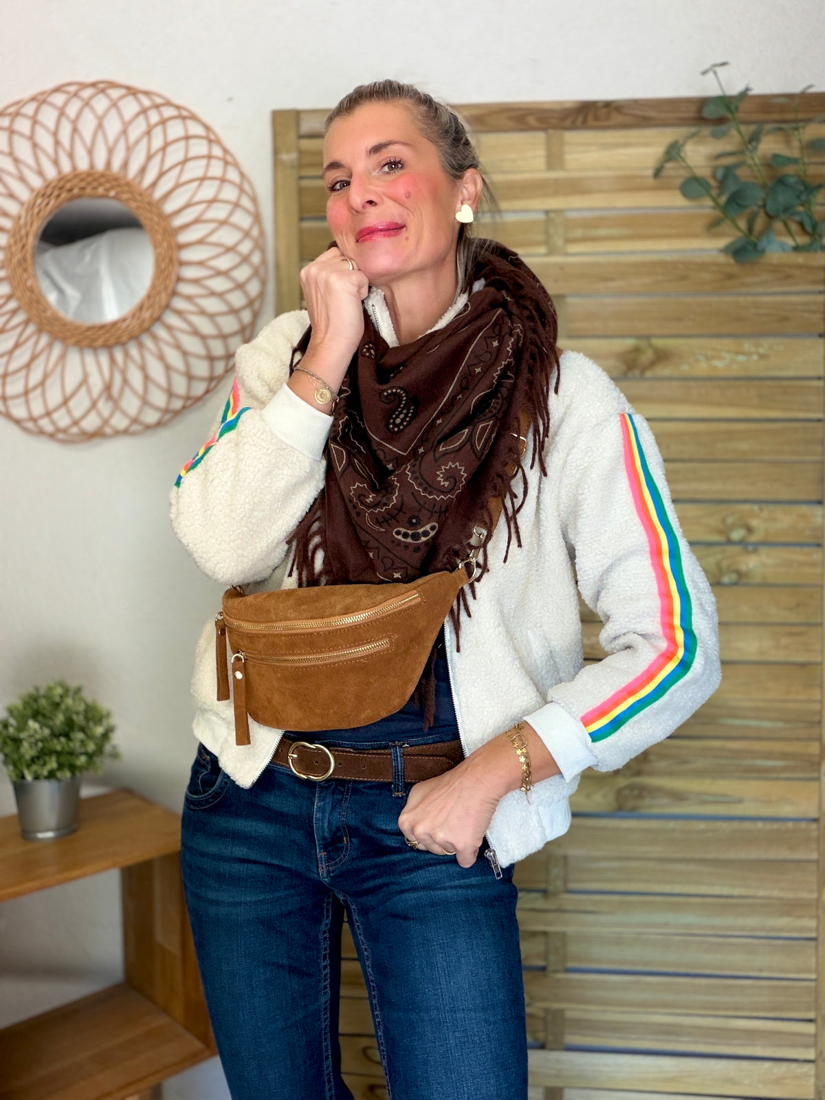 Veste Sherpa zippée bandes Arc-en-ciel CORALIE Beige🌈