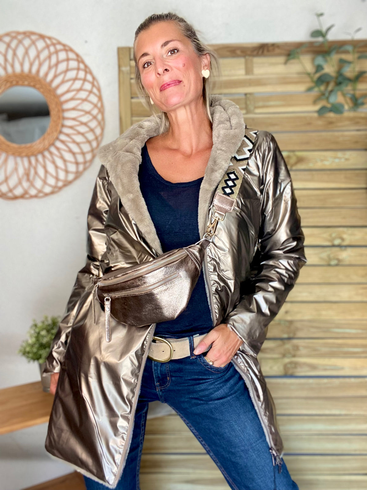LAURA JO - Parka Imperméable réversible fourrée Bronze / Beige ALIX Long