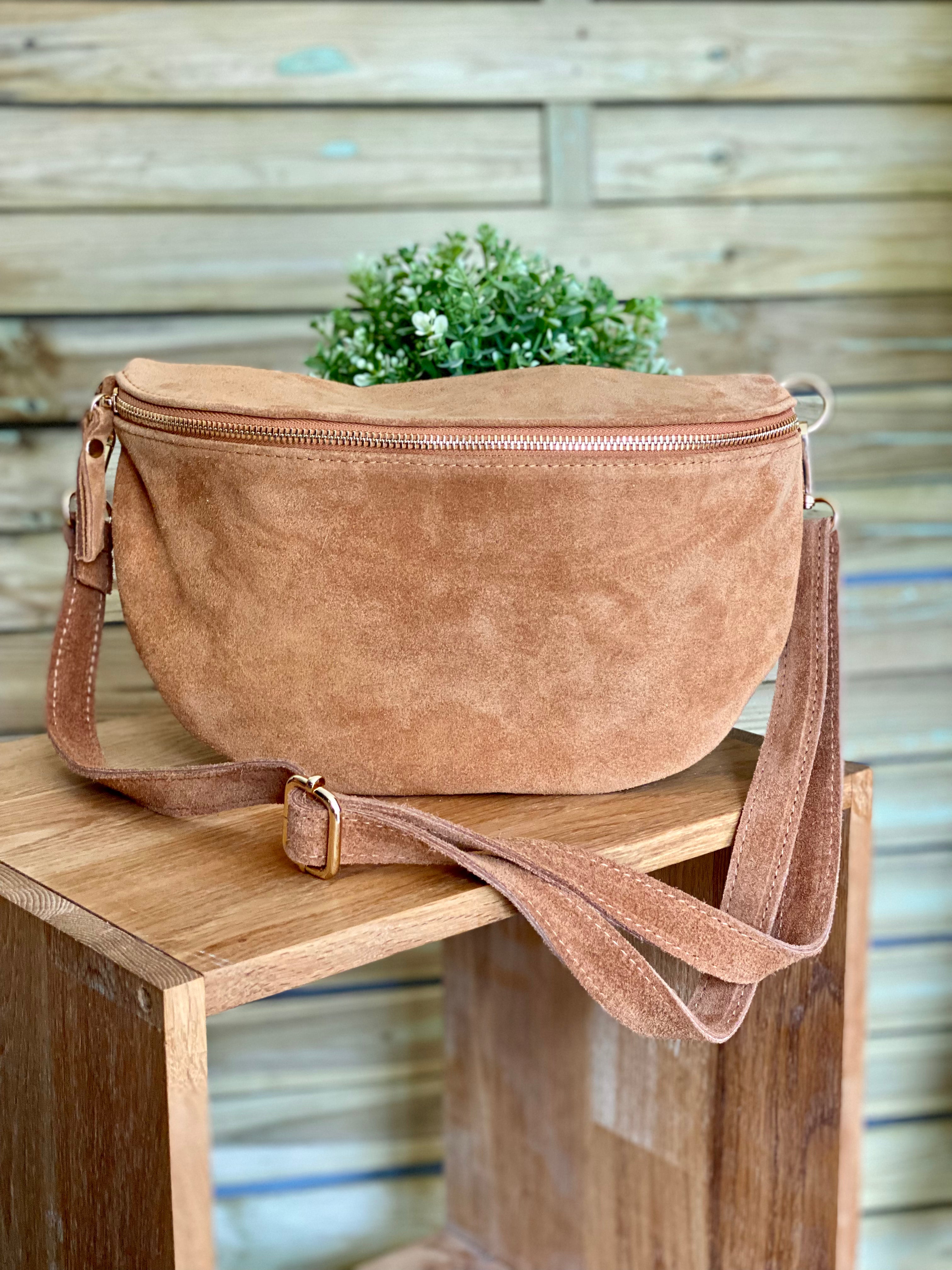 Sac banane XL en cuir velours 30cm JUDY - Camel