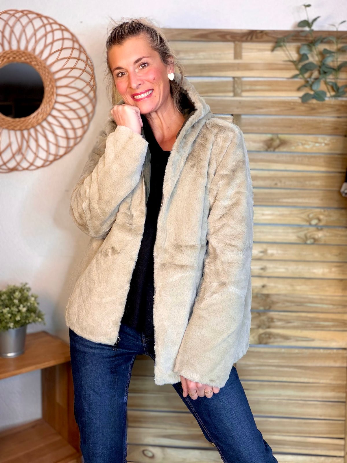 LAURA JO - Parka Imperméable réversible fourrée Kaki / Beige ALIX Court