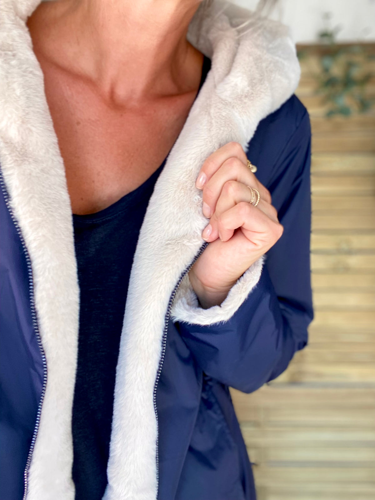 LAURA JO - Parka Imperméable réversible fourrée Bleu marine / Beige ALIX Long