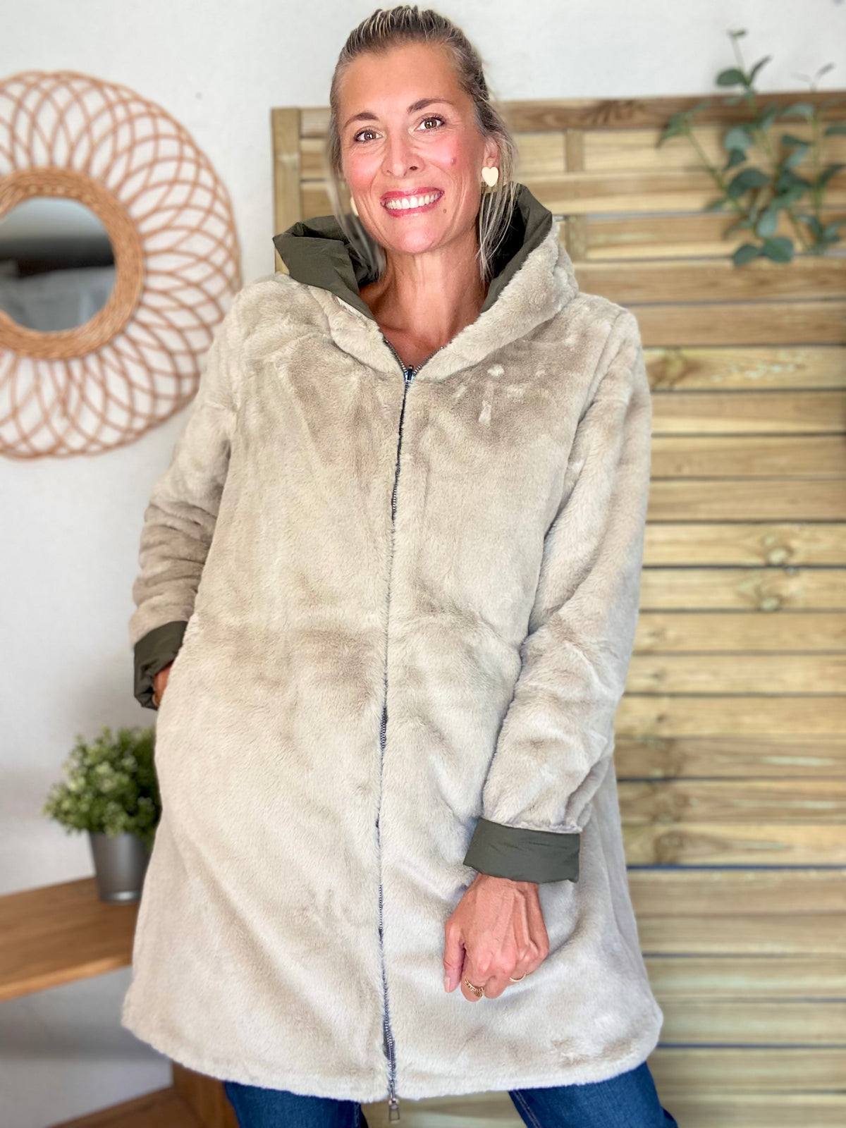LAURA JO - Parka Imperméable réversible fourrée Kaki / Beige ALIX Long
