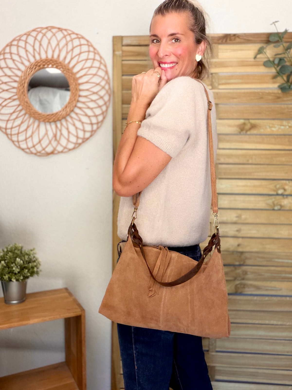 Sac hobo en cuir daim souple, double bandoulière ANDREW Camel clair