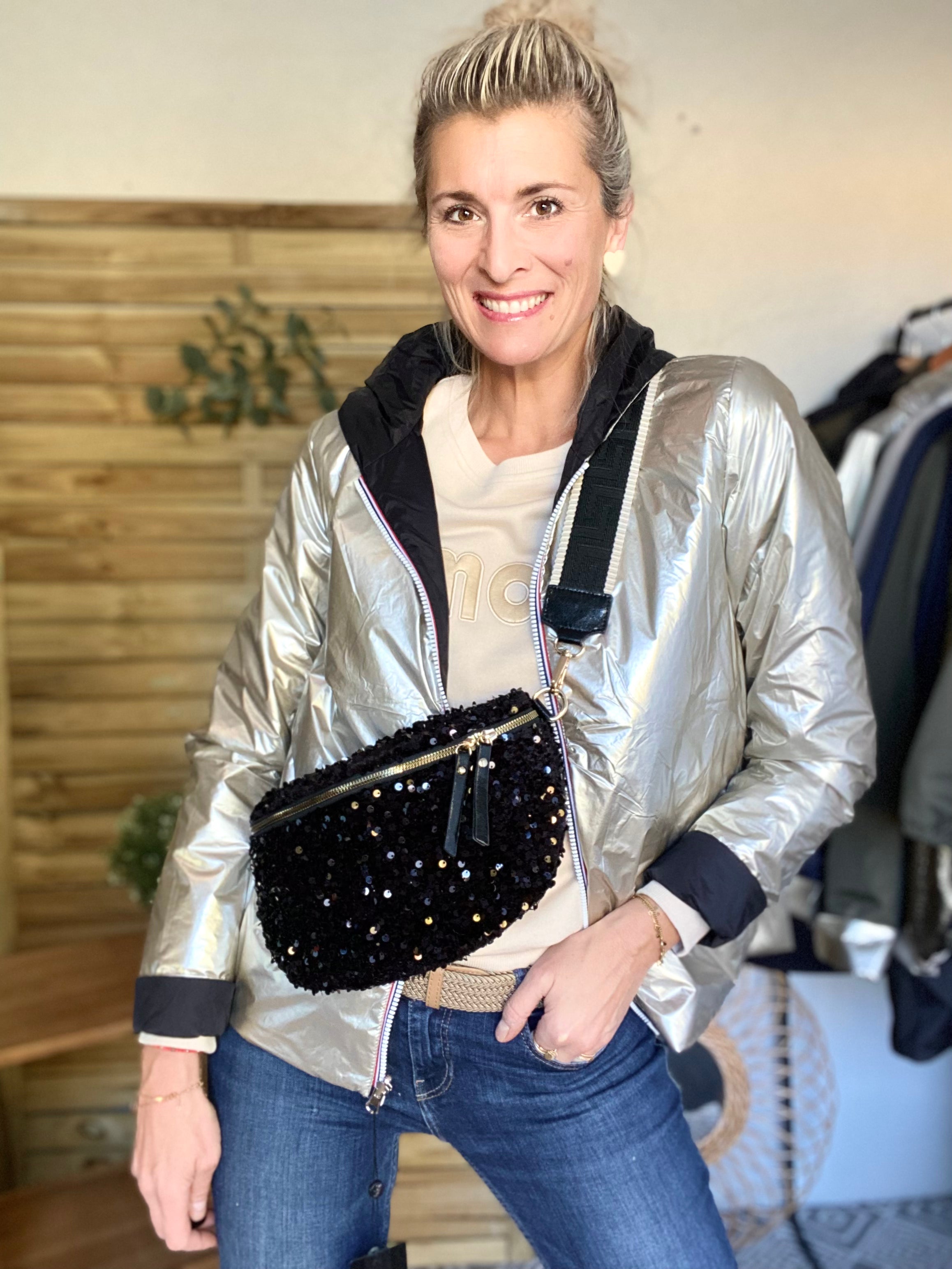 Sac banane L à sequins 30cm et sangle fantaisie - ROXY - Noir