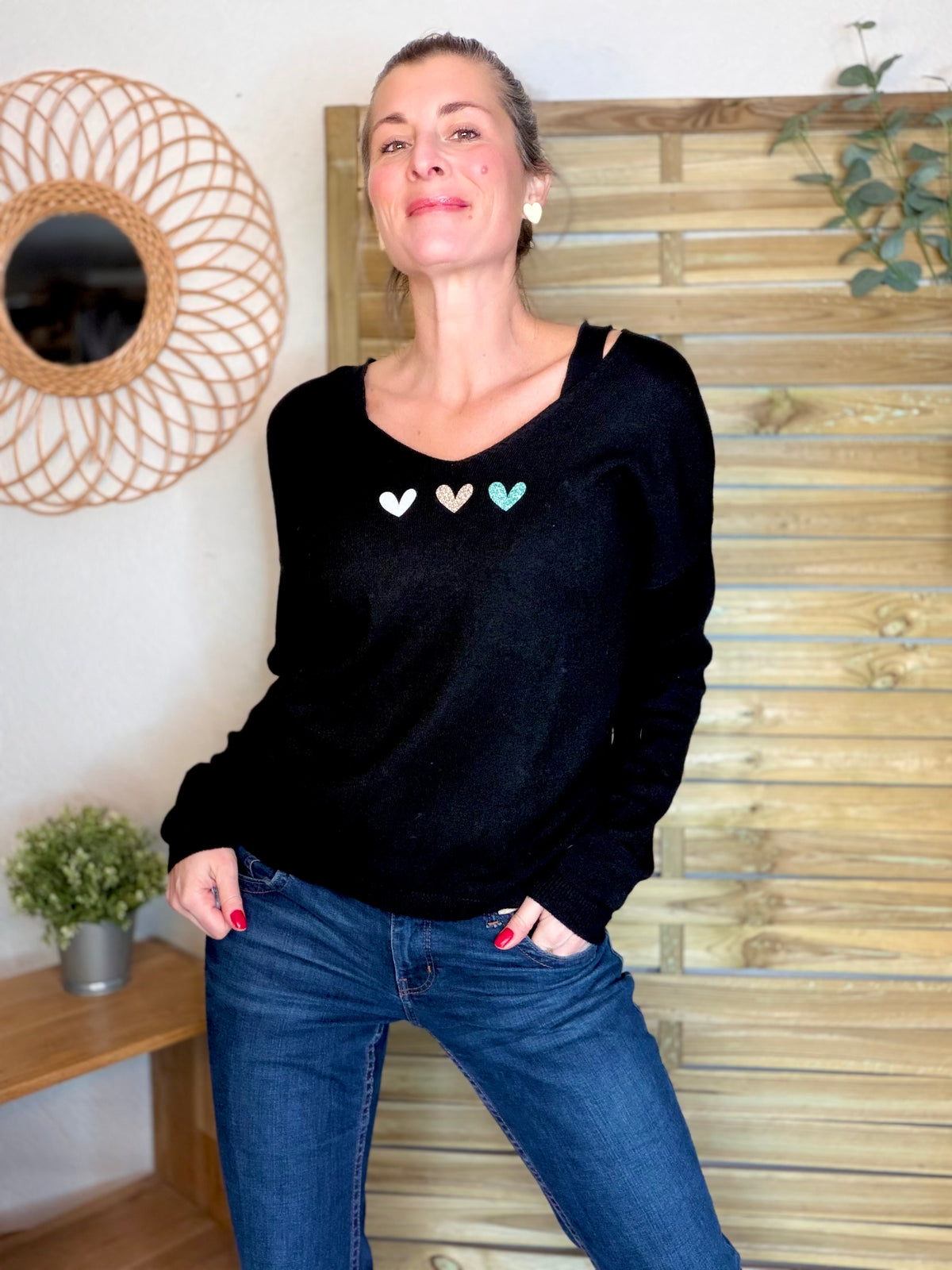 Pull fin 3 cœurs 💛 BERTILLE - Noir - FIN DE SÉRIE