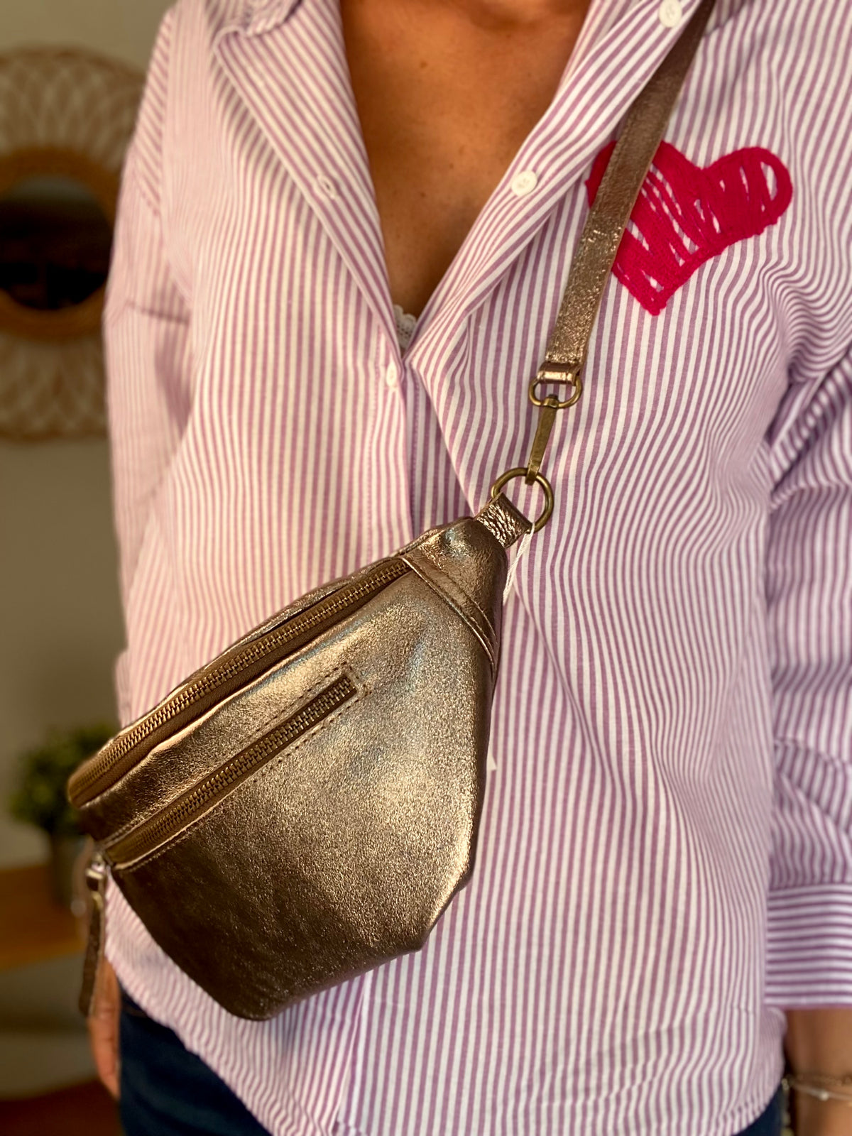 Sac banane en cuir irisé double poche - OPALE - Bronze / Laiton